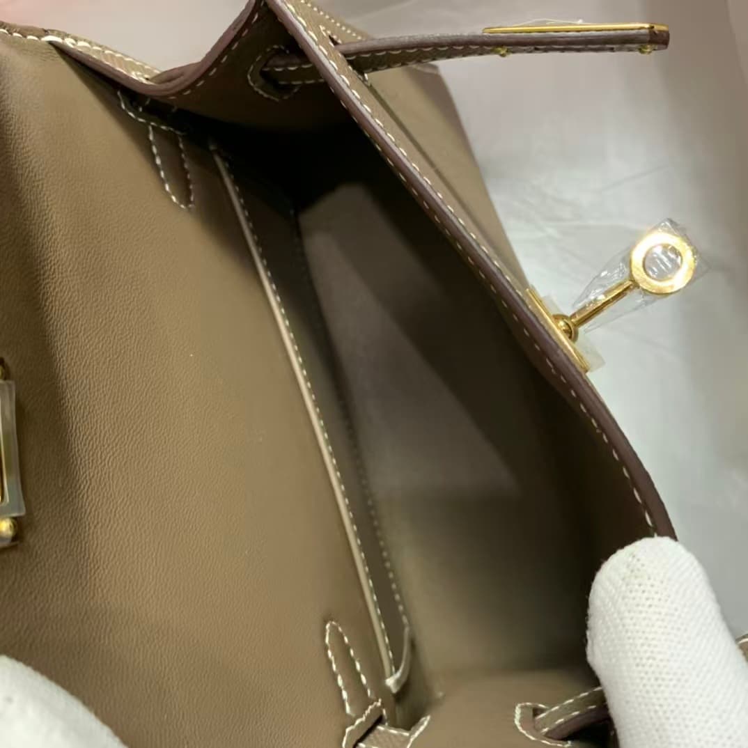 Hermes Kelly Mini II Bag Epsom Leather WAX Silver/Gold Metal Etoupe High