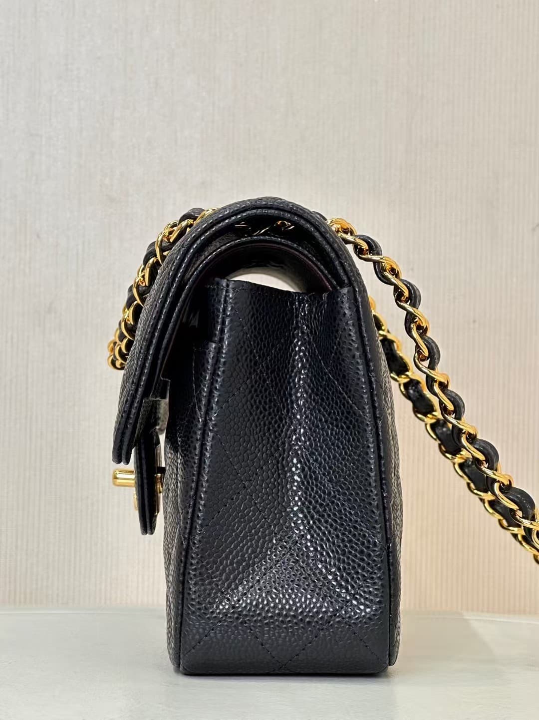 Chanel Small Classic Handbag Grained Calfskin Black Gold Metal TOP