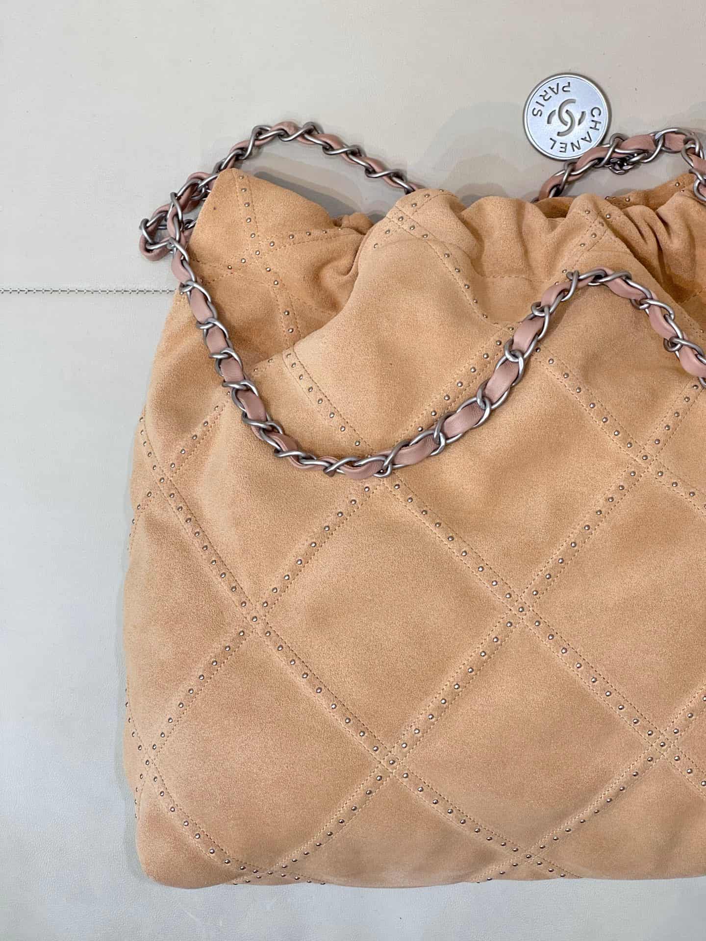 Chanel 22 Small handbag Suede calfskin studs & silver-tone metal AS3260 Beige TOP