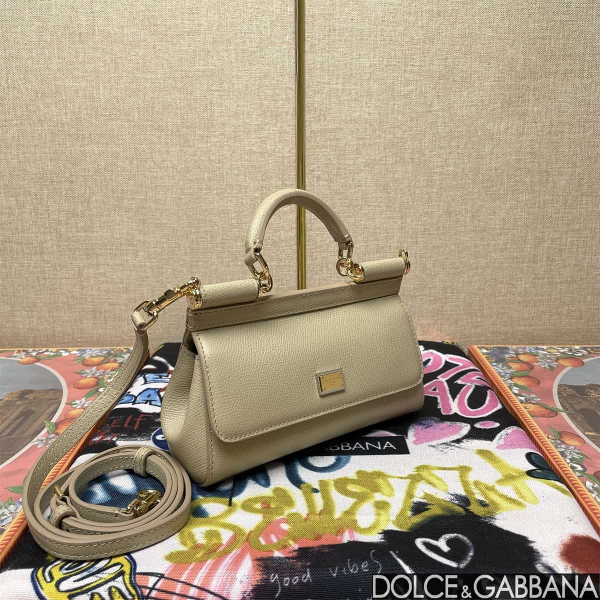Dolce & Gabbana Miss Sicily top handle bag calfskin leather Beige High