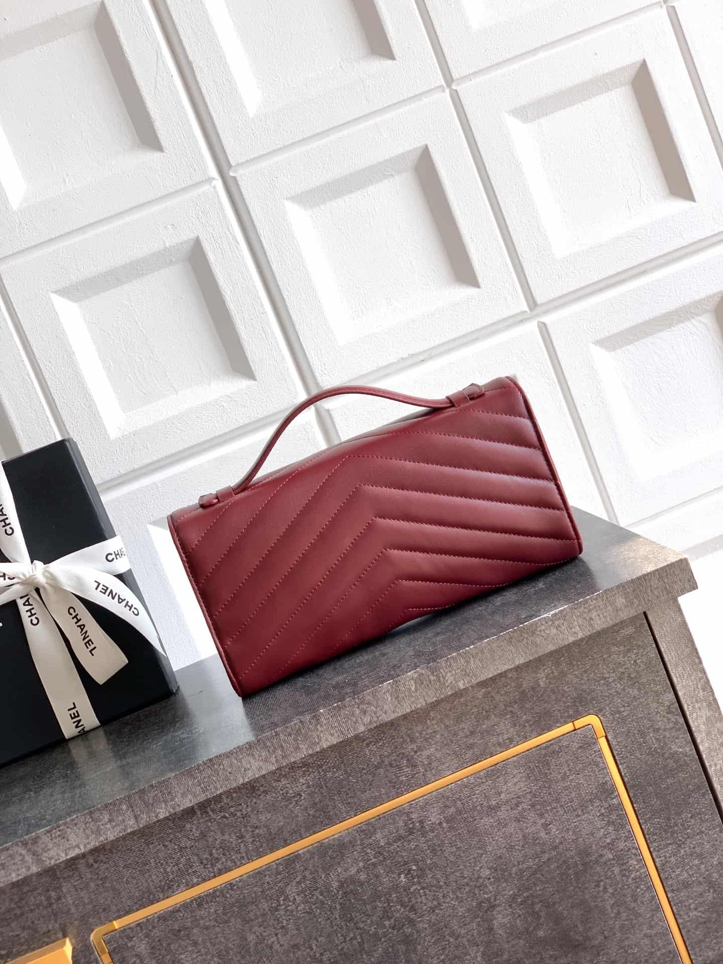 Chanel Flap Bag with Top Handle Chevron Lambskin& Gold-Tone Metal Claret AS6044 A