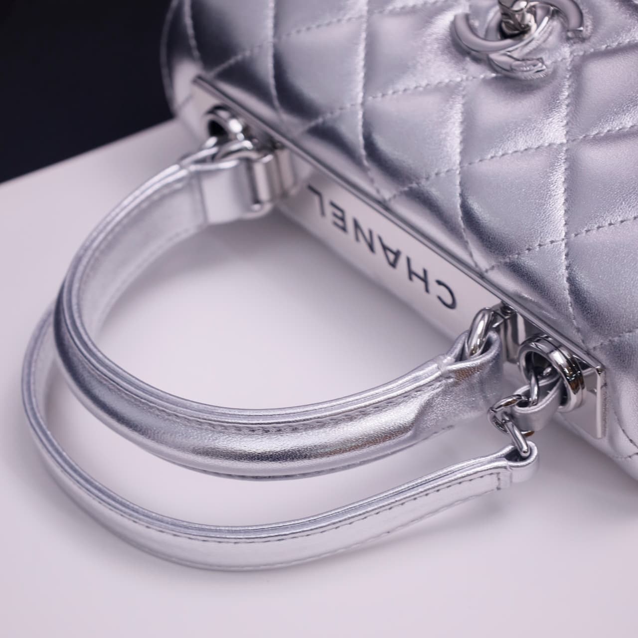 Chanel MINI FLAP BAG WITH TOP HANDLE AS4654 Lambskin & Silver-Tone Metal Silver A