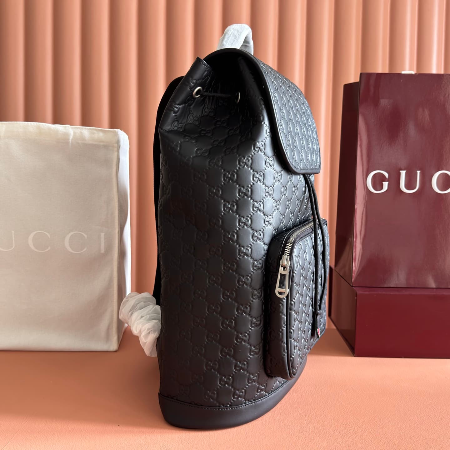 Gucci GG Emblem medium backpack Black embossed GG smooth leather 854750 High