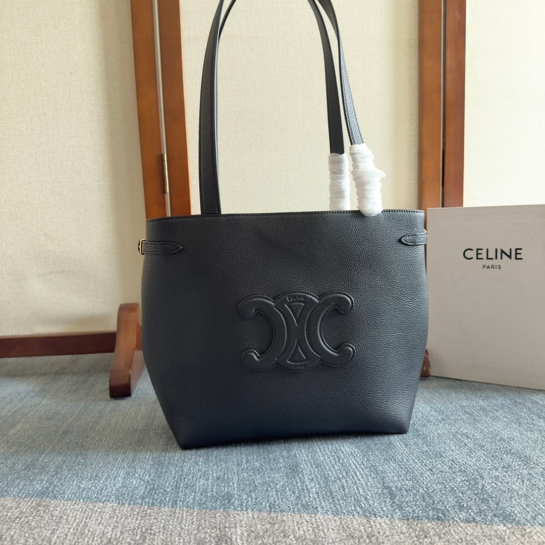 CELINE Cabas Anais Shopper Bag in Black Grained Calfskin High
