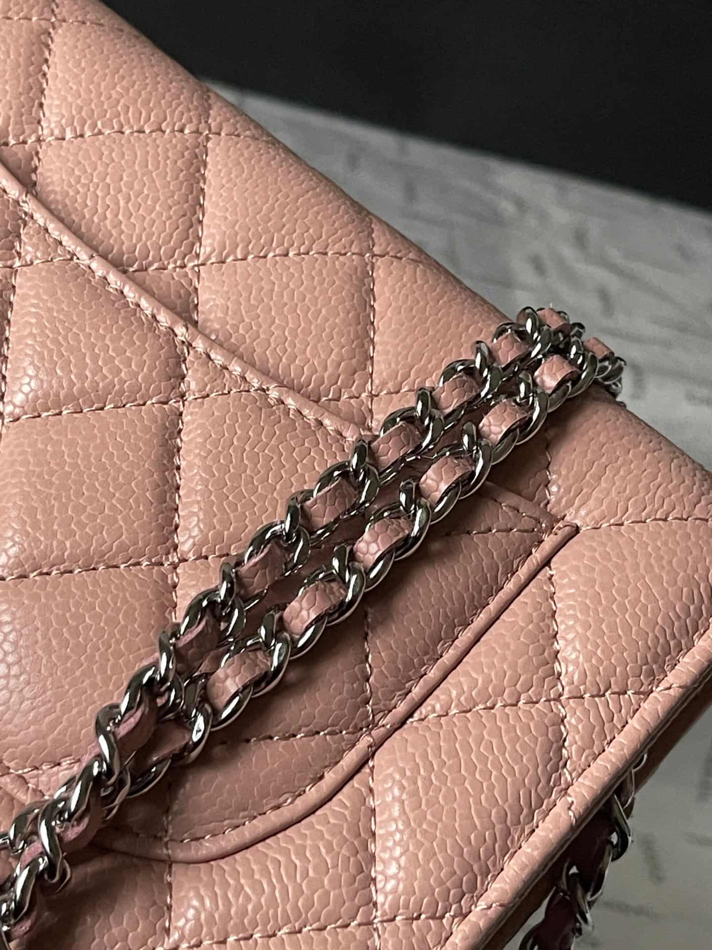 Chanel Classic Wallet on Chain Grained Shiny Calfskin & Silver-Tone Metal AP4241 Light Pink A