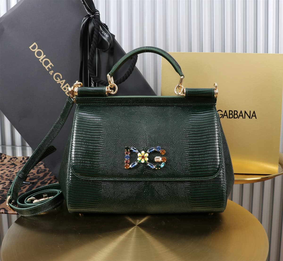 Sicily Handbag 25cm in Iguana Print Calfskin and Crystal DG Logo Patch High