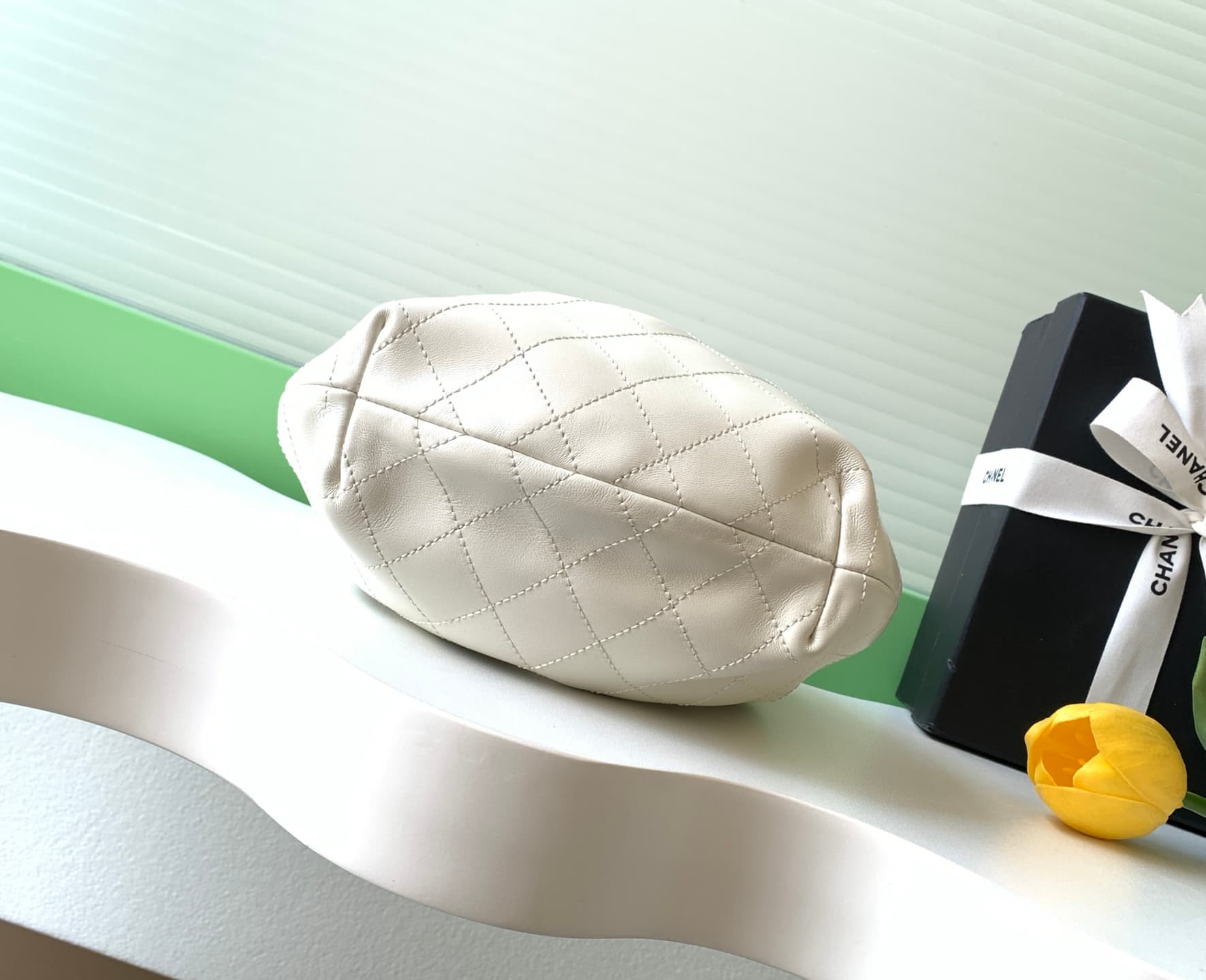 Chanel Small Hobo Bag Lambskin-Shell Effect Plexi & Gold-Tone Metal White AS6022 High