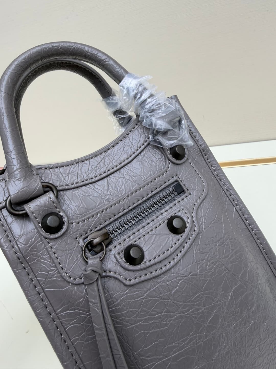 Balenciaga Le City Leather Tote Phone Holder Grey High