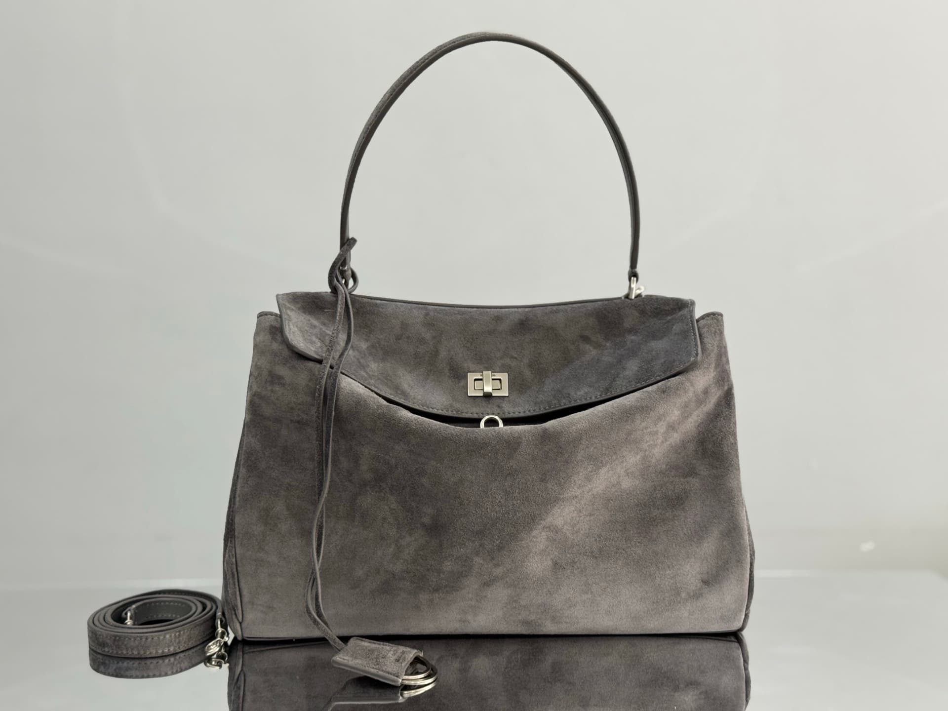 Balenciaga Rodeo Medium Bag in Grey Waxed Suede Calfskin With Silver-Tone Metal TOP