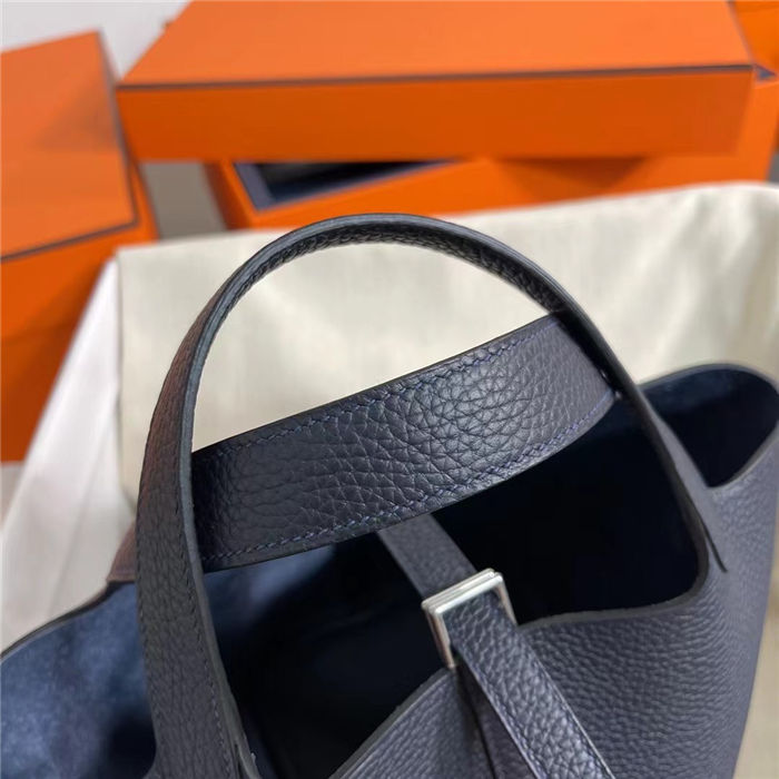 Hermes Picotin Lock 18/22 Bag Togo Leather In Blue Nuit-Silver WAX High