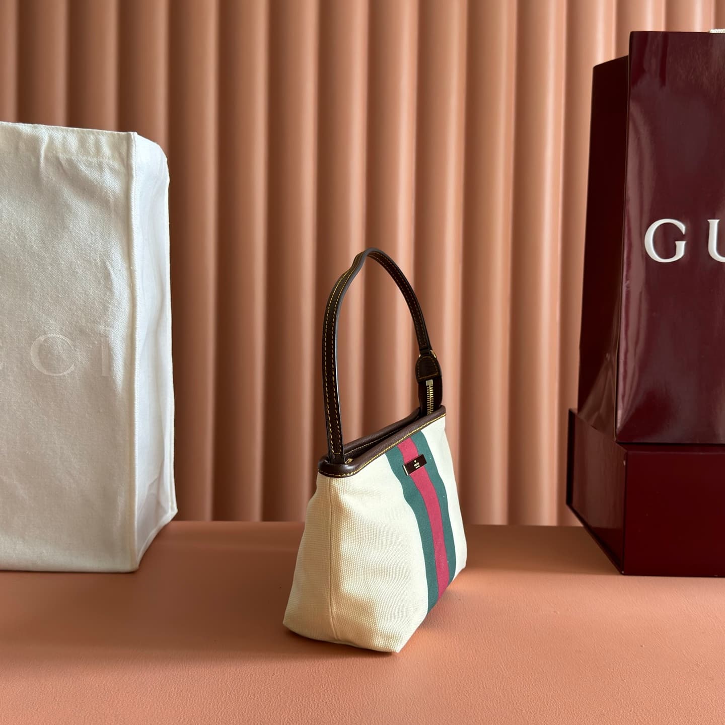 Gucci Small pouch with strap and Web natural canvas A000MM High