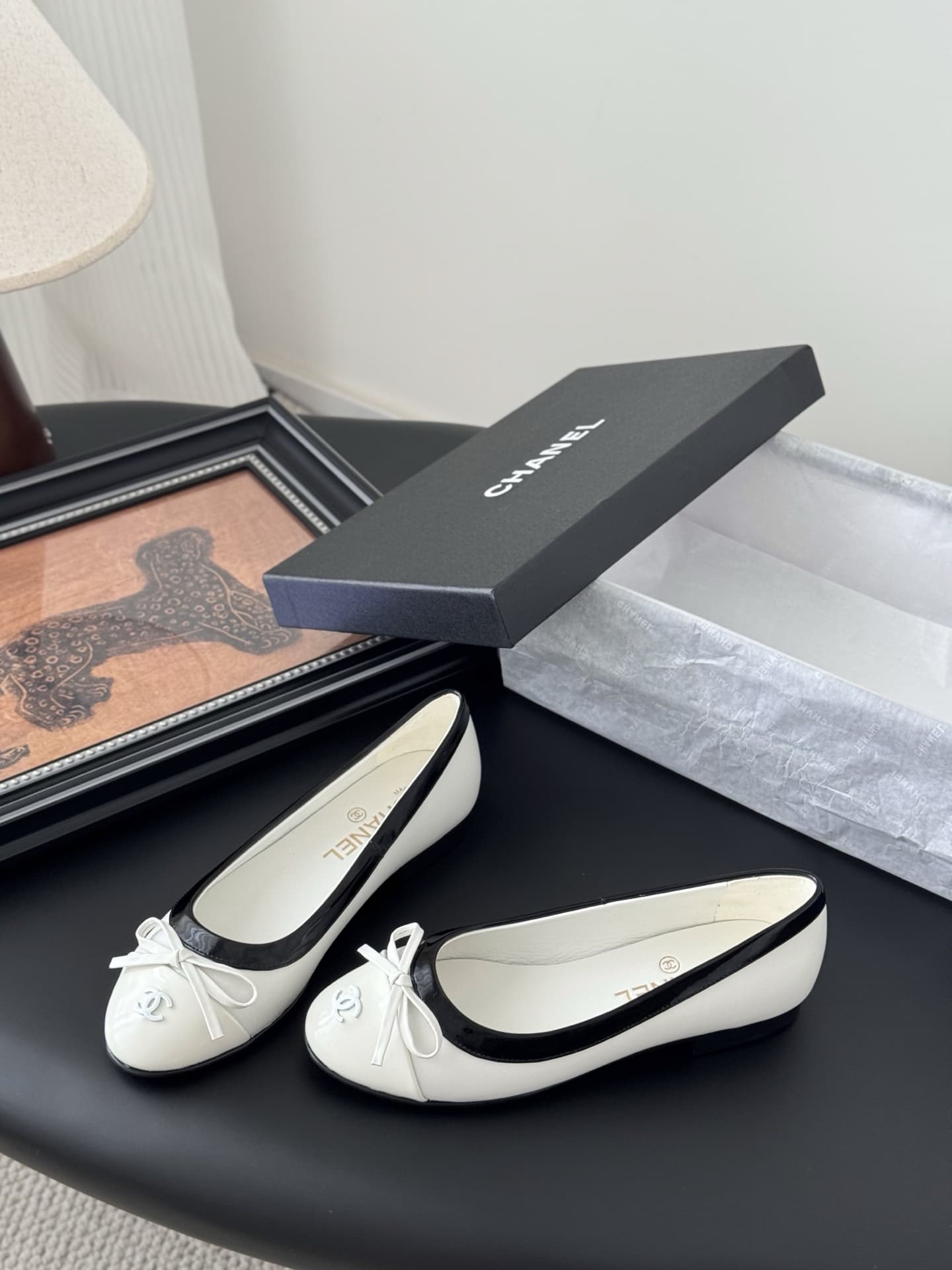 Chanel Lambskin Cap Toe CC Ballerina Flats Shoes Women