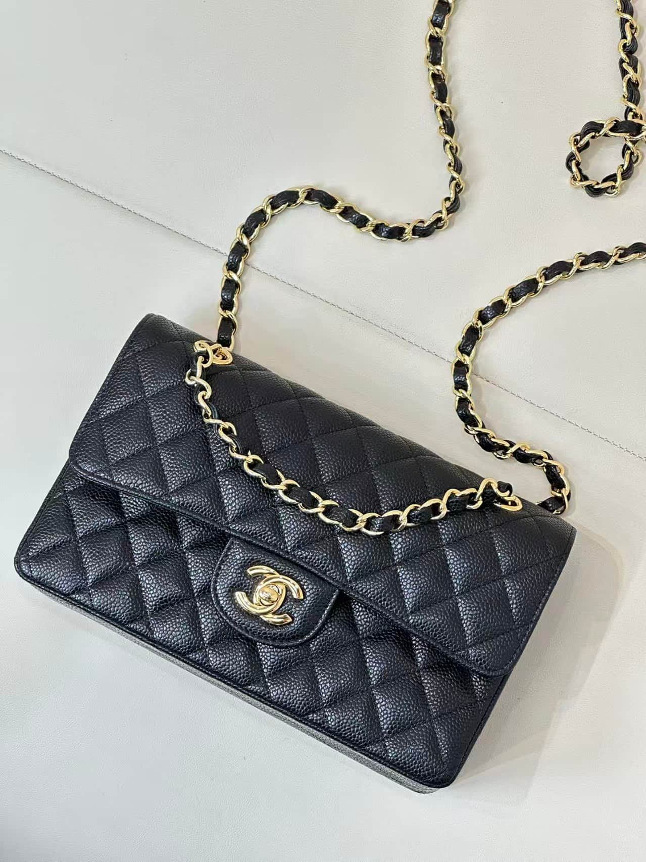 Chanel Small Classic Handbag Grained Calfskin & Gold-Tone Metal Black TOP
