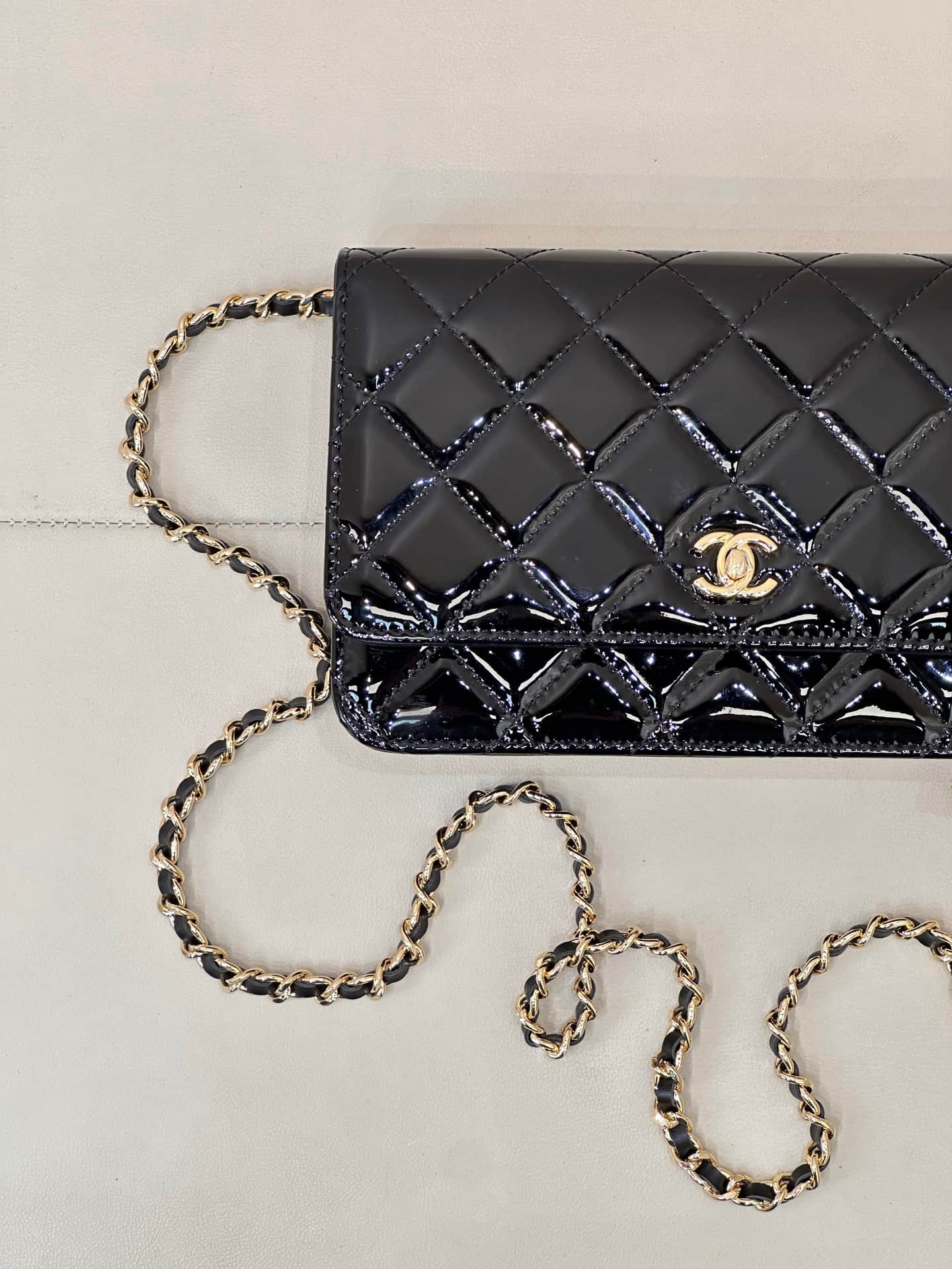 Chanel Classic Wallet on Chain Patent Quilted & Gold-Tone Metal AP4241 BLACK TOP