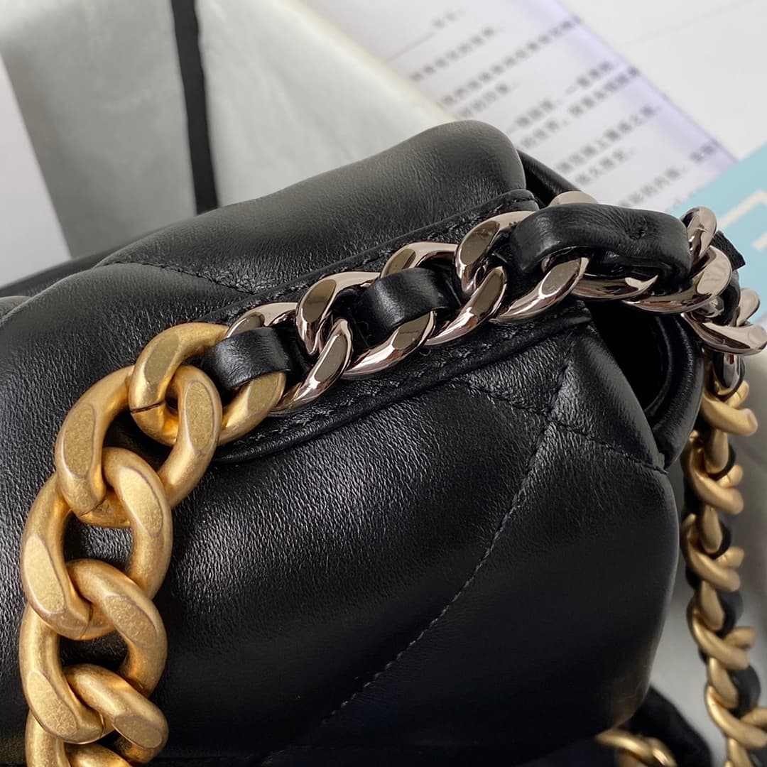 Chanel 19 Flap Bag  Lambskin Gold-Tone Silver-Tone & Ruthenium-Finish Metal Black