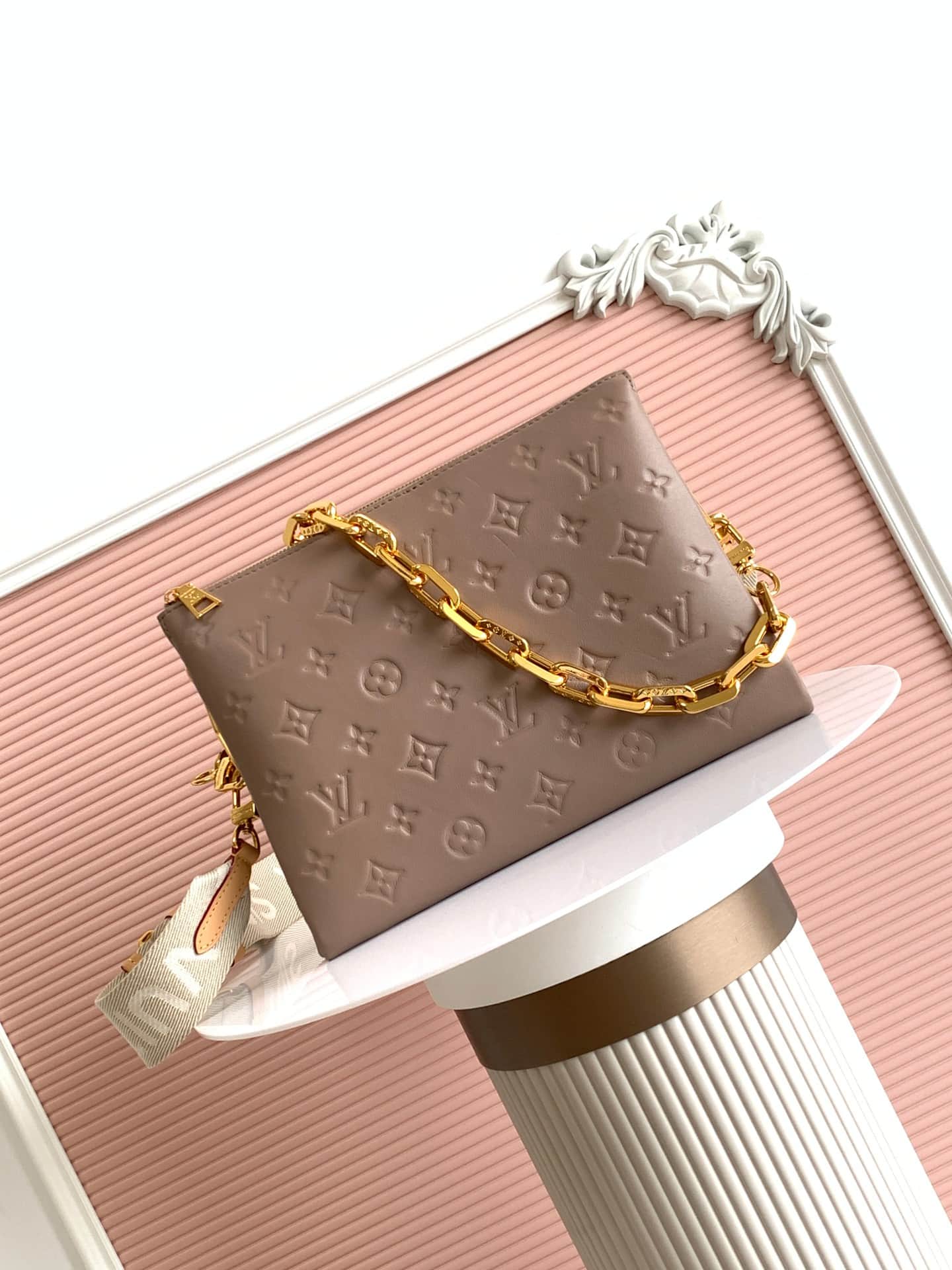 Louis Vuitton Coussin PM Taupe Monogram-embossed puffy lambskin M21263 High