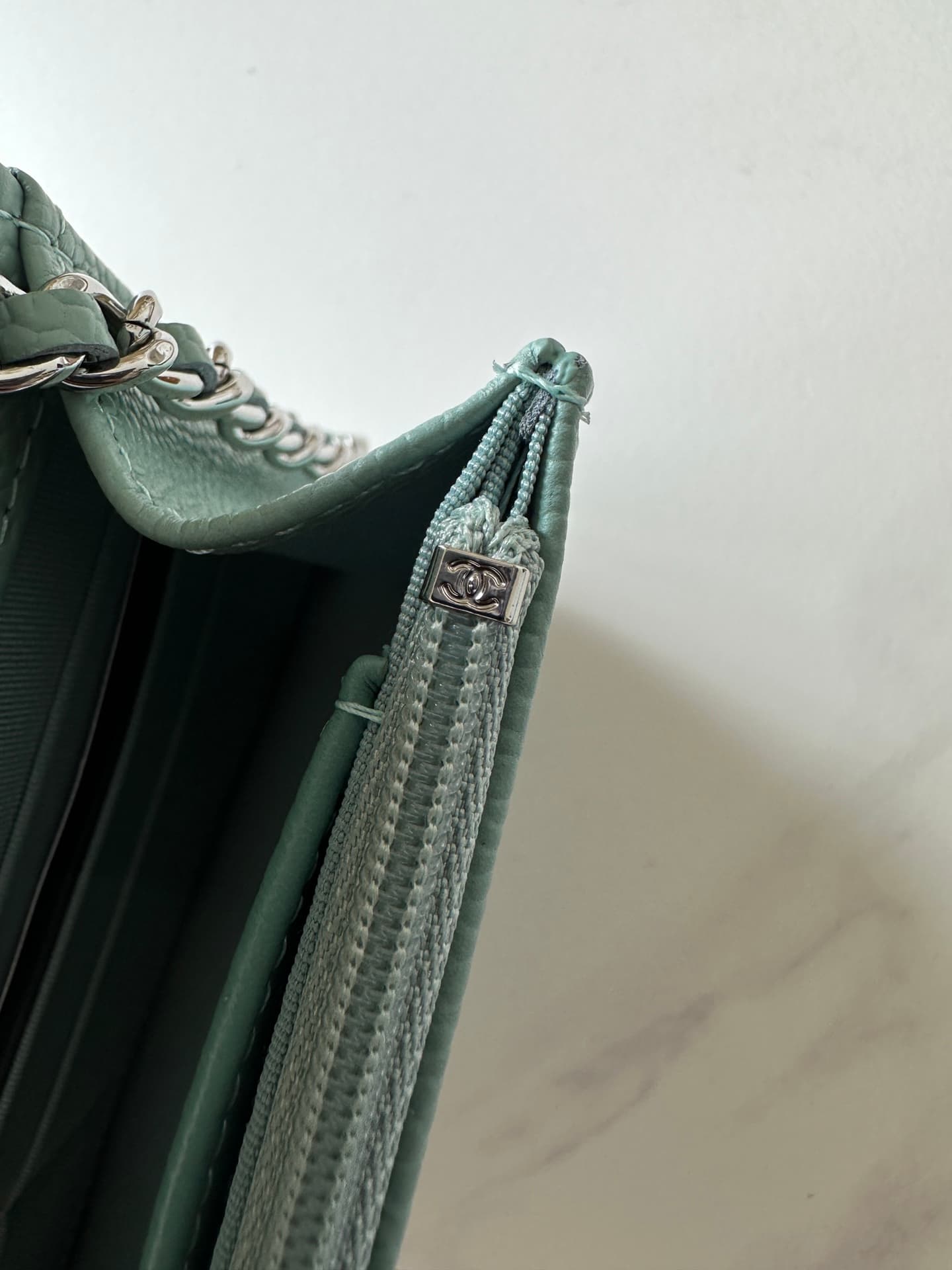 Chanel Classic Wallet on Chain Grained Shiny Calfskin & Silver-Tone Metal AP4241 Light Green High