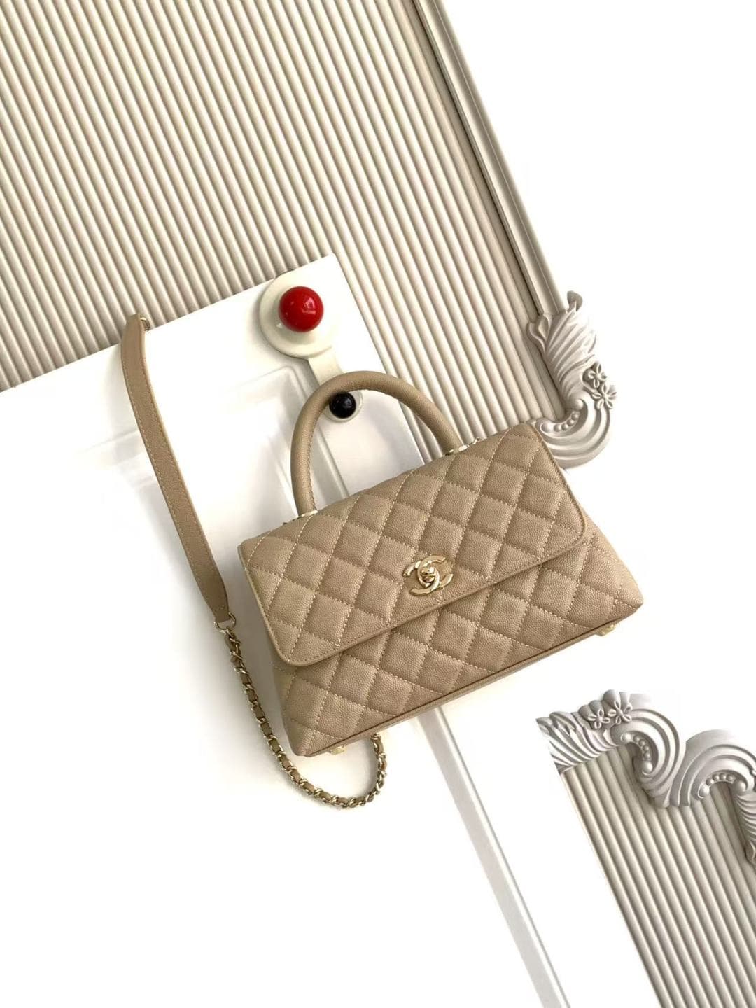 FLAP BAG WITH TOP HANDLE Grained Calfskin & Gold-Tone Metal A92990 Champagne Binding A