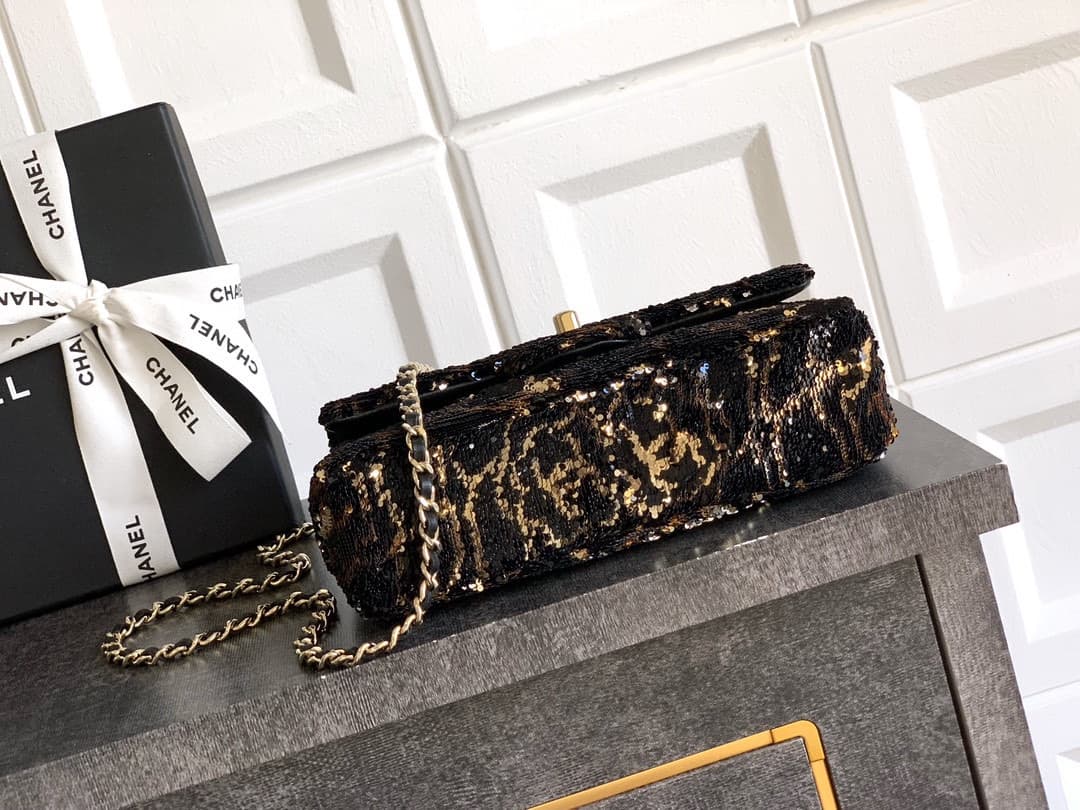 Chanel Classic Mini Flap Bag Sequins With Camellia Motif  & Gold-Tone Metal Black 6171 A
