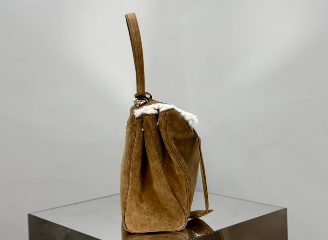 Balenciaga Rodeo Medium Bag in Noce Suede Calfskin and White Fleece With Silver-Tone Metal TOP