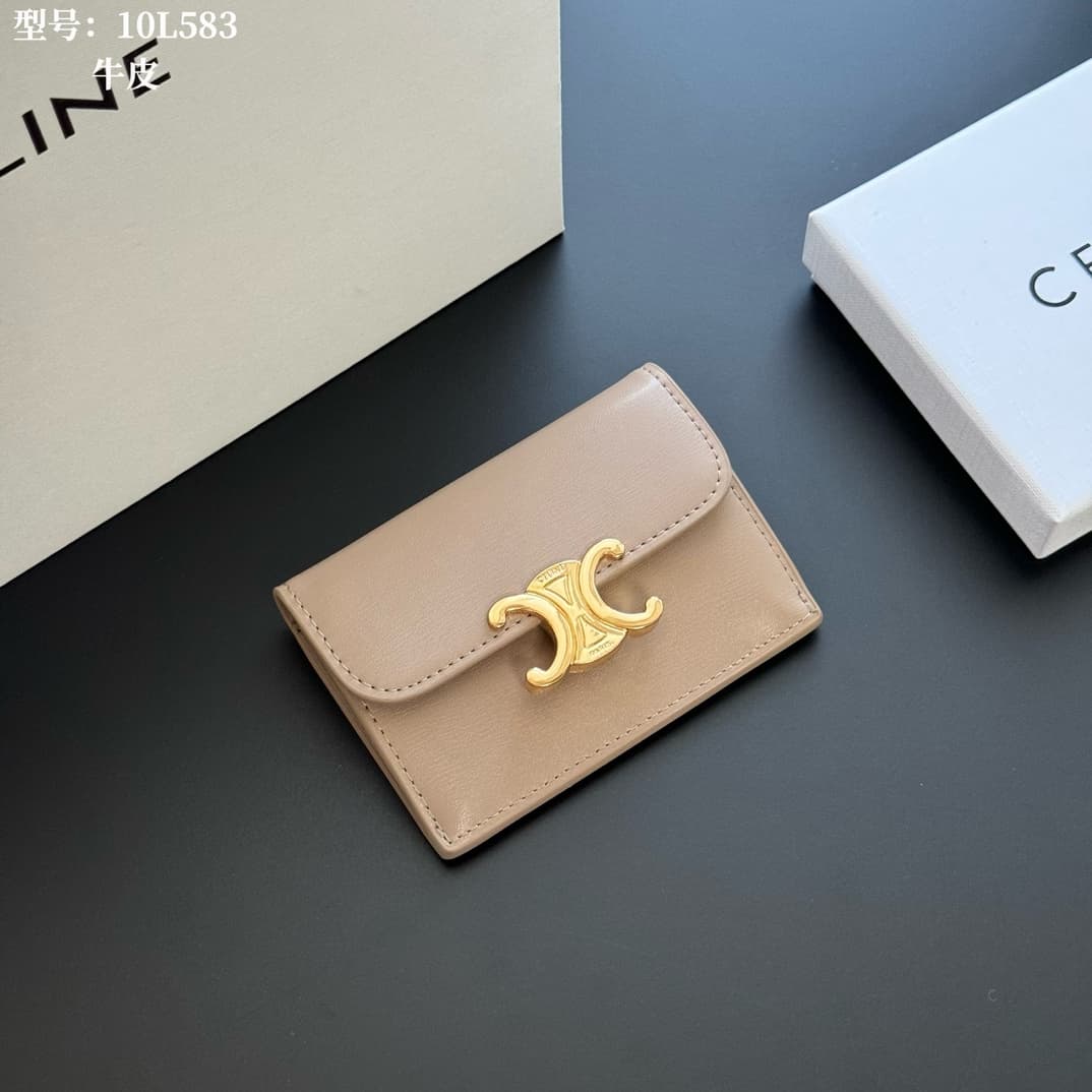 Celine Triomphe Flap Card Holder in shiny Beige calfskin High