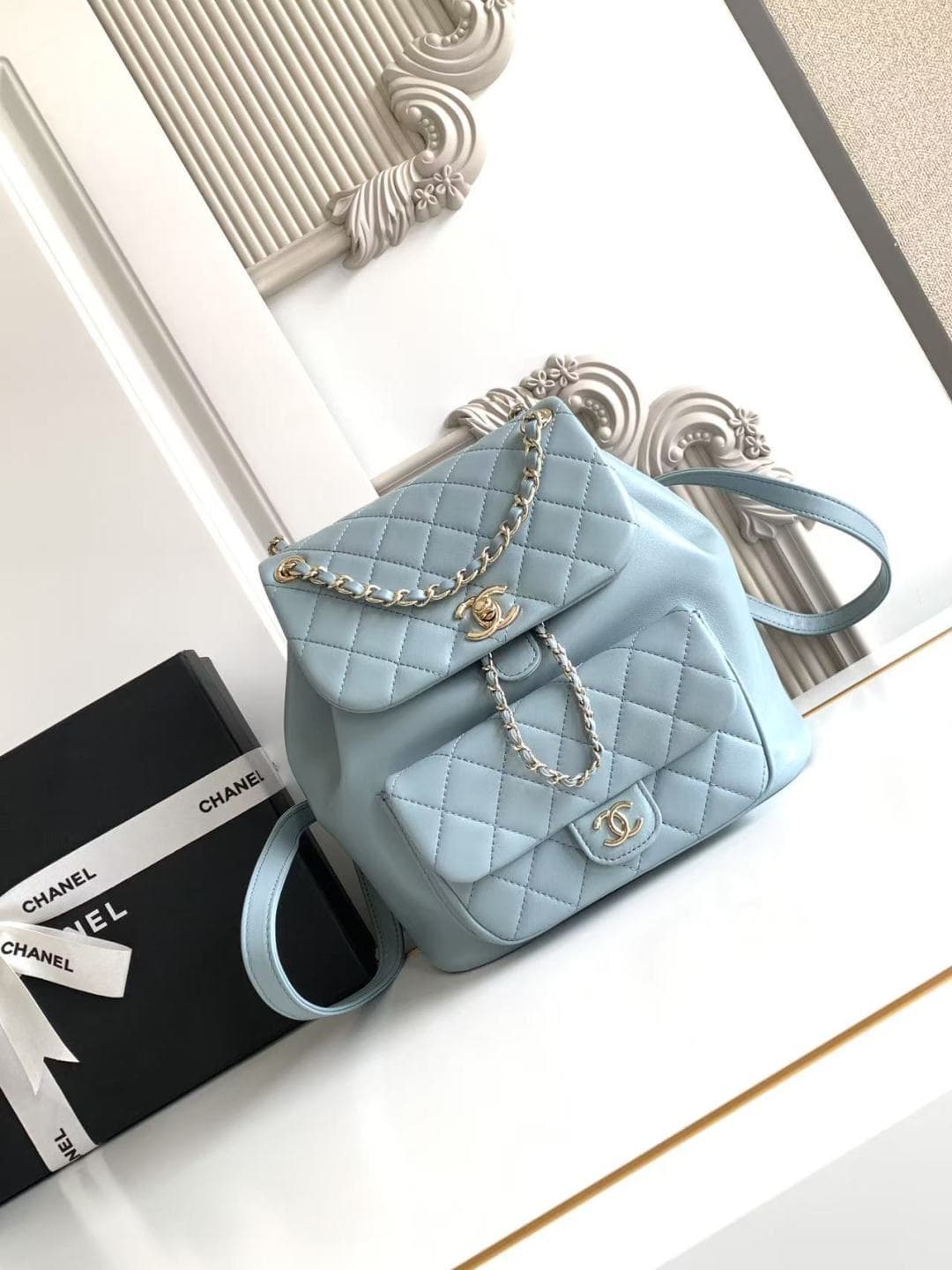 Chanel Medium Quilted Duma Backpack Lambskin AS3618 Blue A