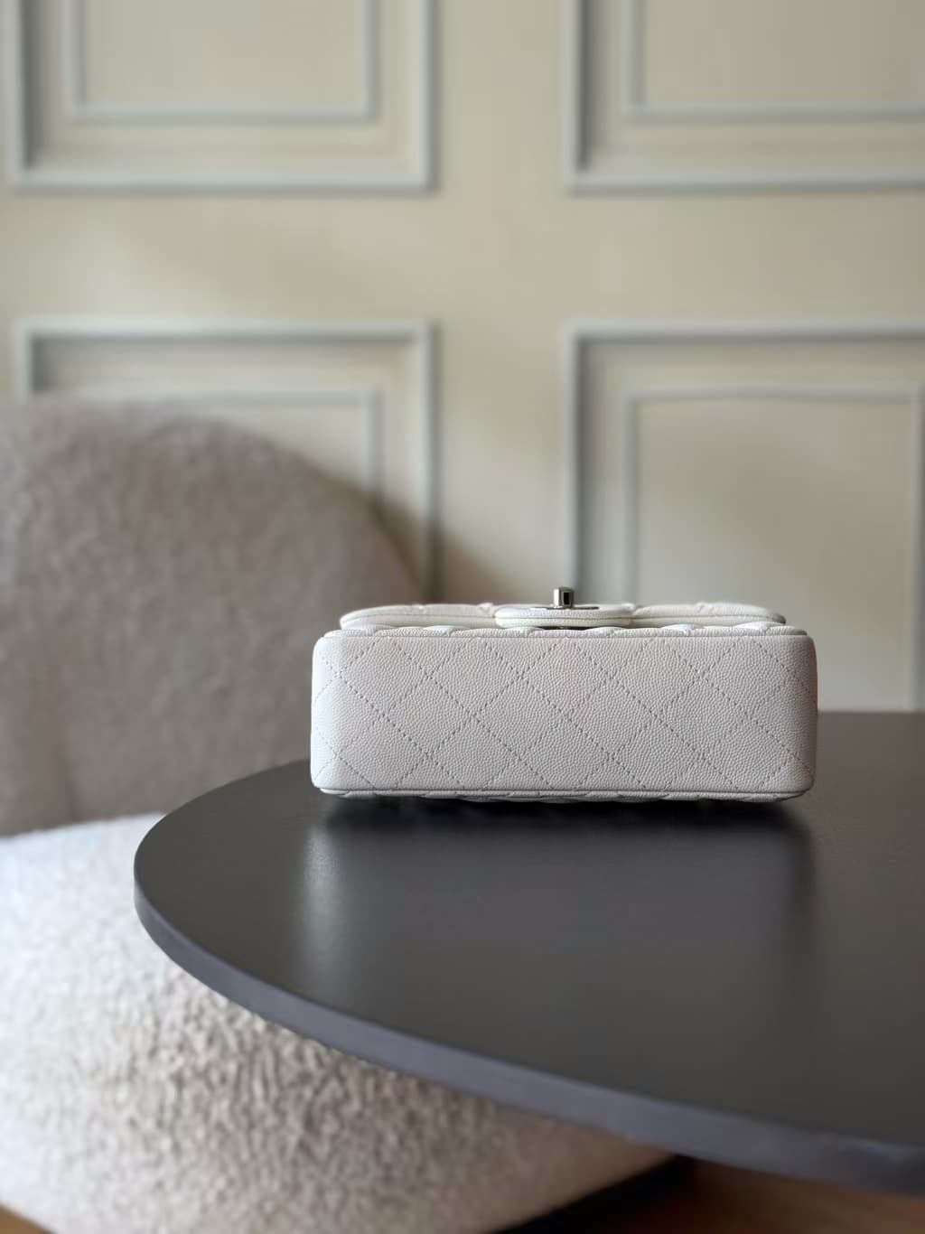 CHANEL Mini Classic Handbag Grained Calfskin & Silver-tone Metal A69900 White TOP