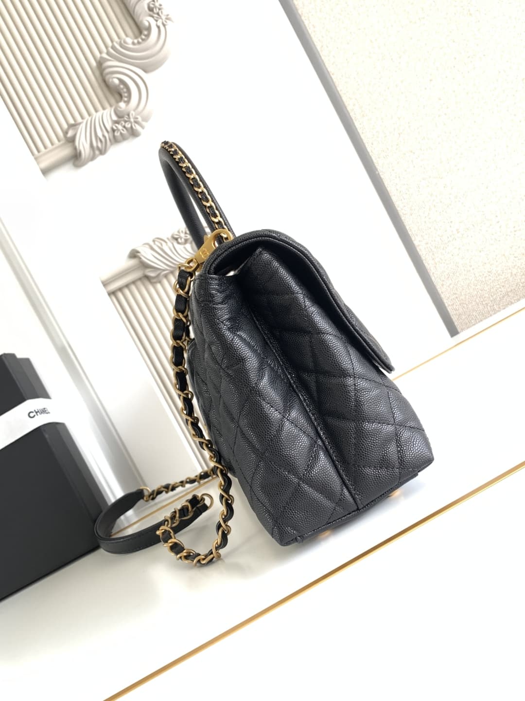 Medium FLAP BAG WITH TOP HANDLE Grained Calfskin A92991 Black-binding Gold Metal A