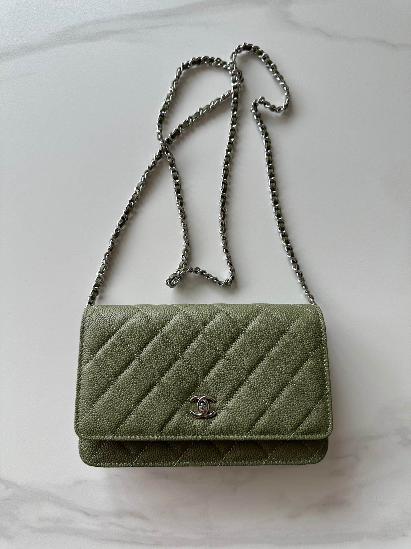 Chanel Classic Wallet on Chain Grained Shiny Calfskin & Silver-Tone Metal AP4241 Dark Green High