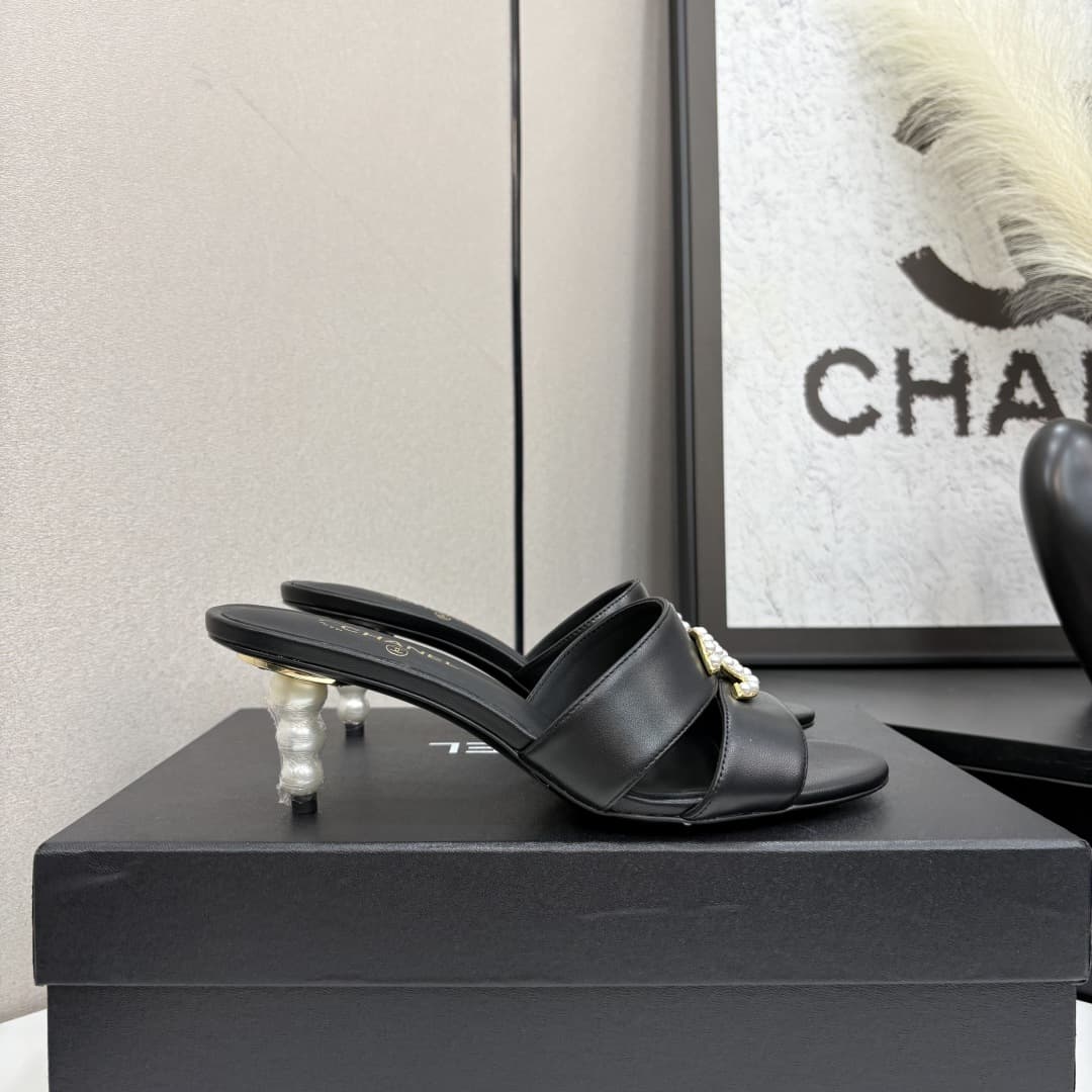 Chanel Patent Lambskin Pearl Mules Shoes Women