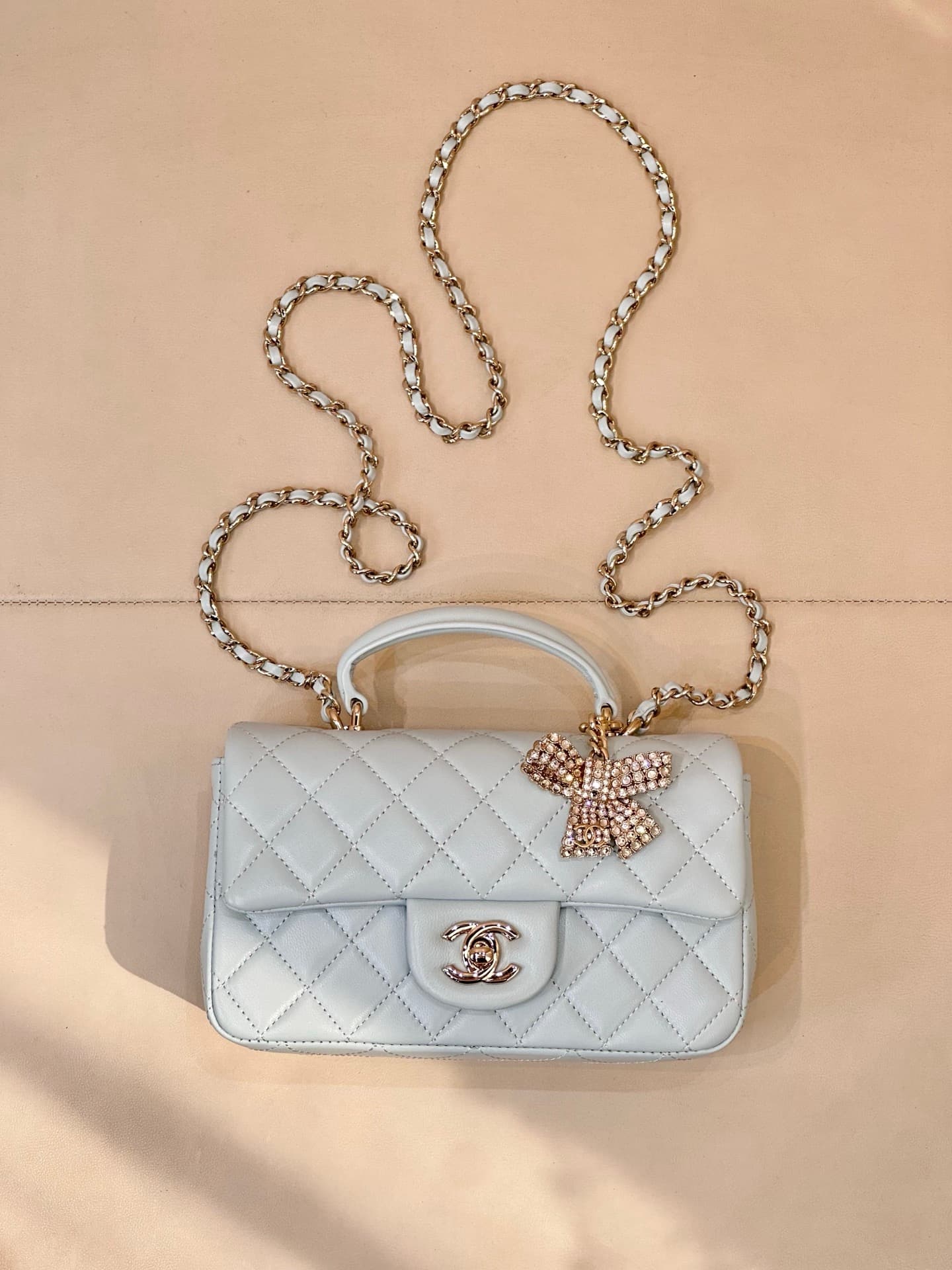 Chanel Mini Classic Handbag Lambskin Strass & Gold-Tone Metal AS2431 light blue TOP