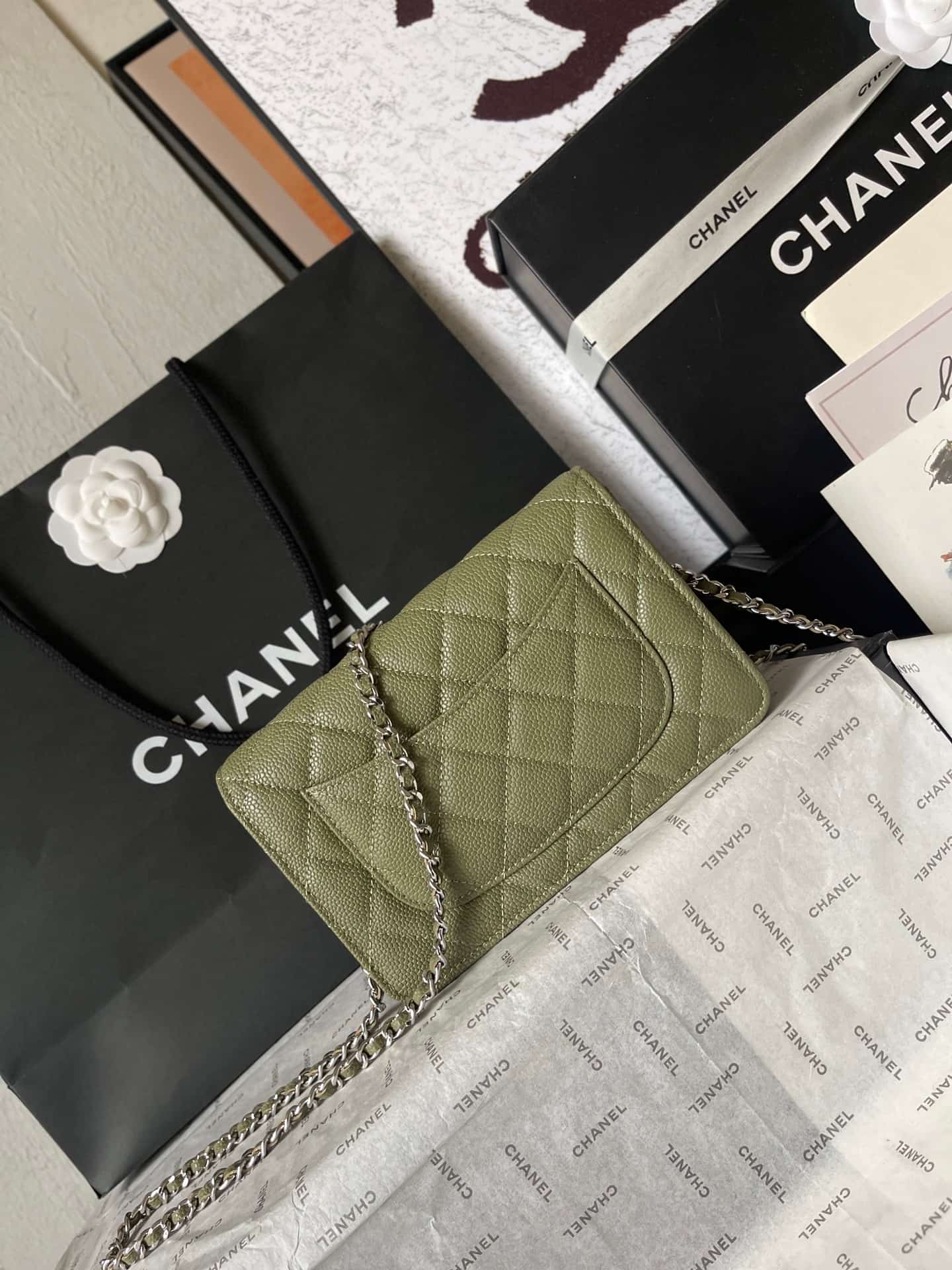 Chanel Classic Wallet on Chain Grained Shiny Calfskin & Silver-Tone Metal AP4241 Dark Green A