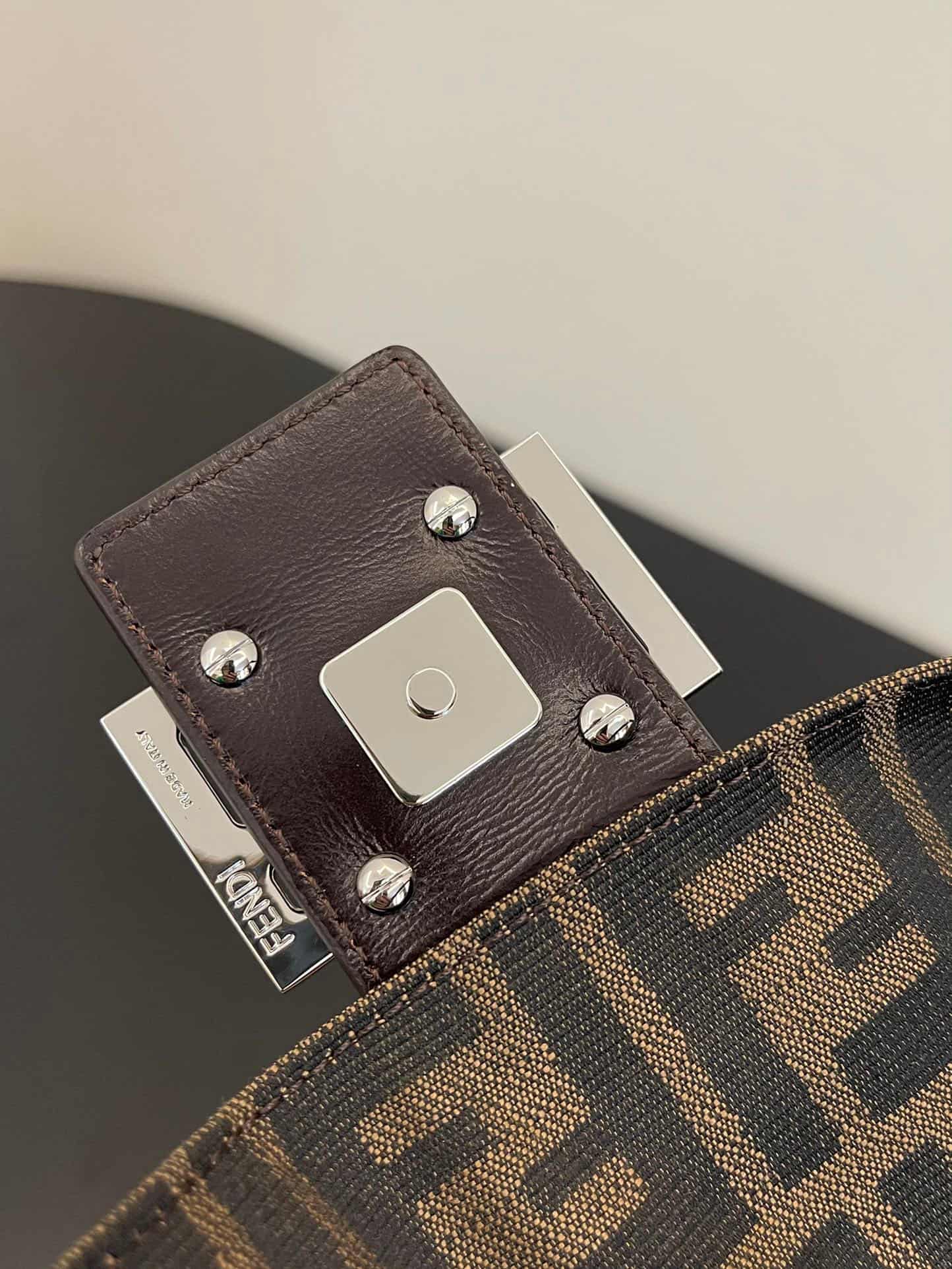 FENDI BAGUETTE fabric bag silver metal Brown High