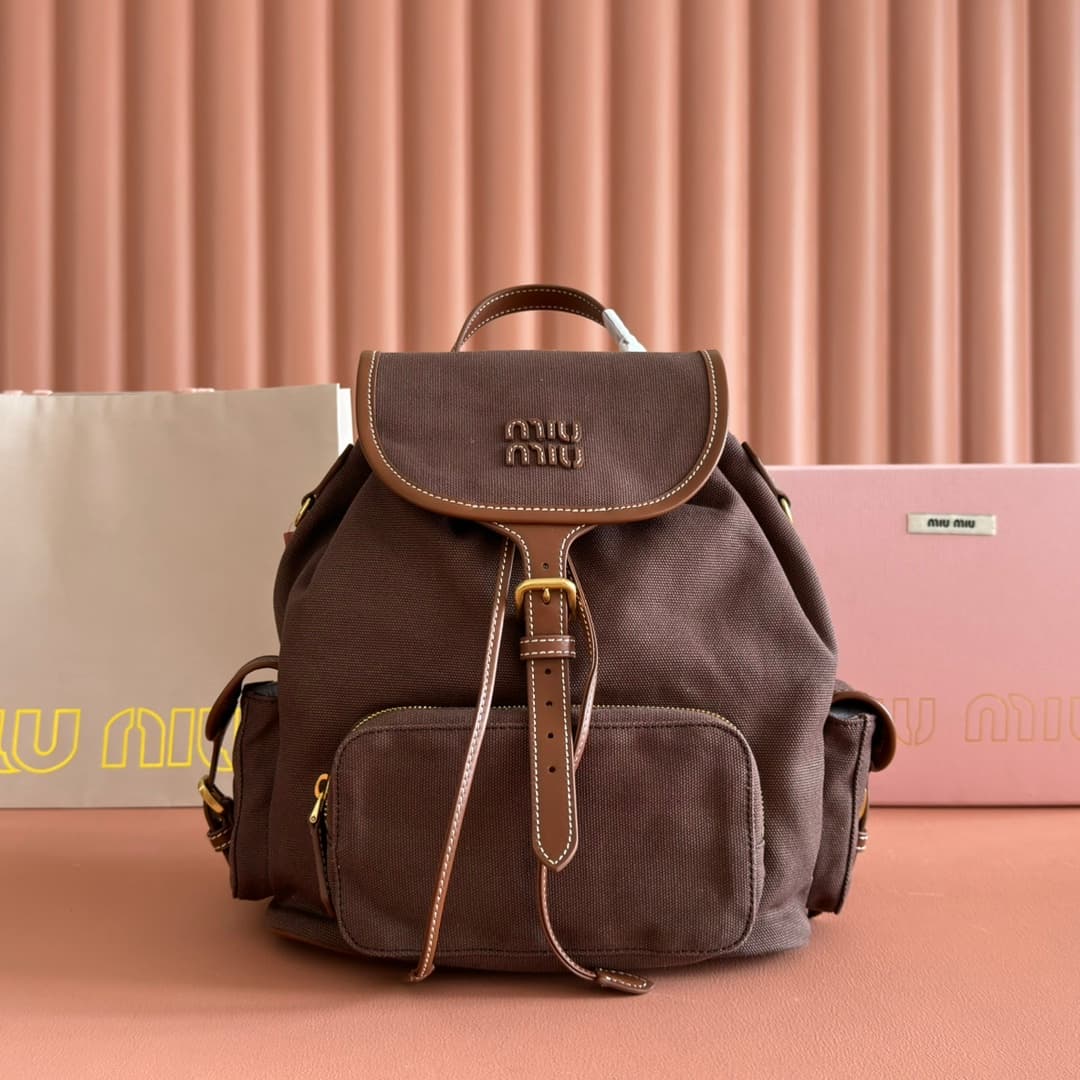 Miu Miu Cornflower Cord Brown/brandy Denim Backpack 5bz042 High