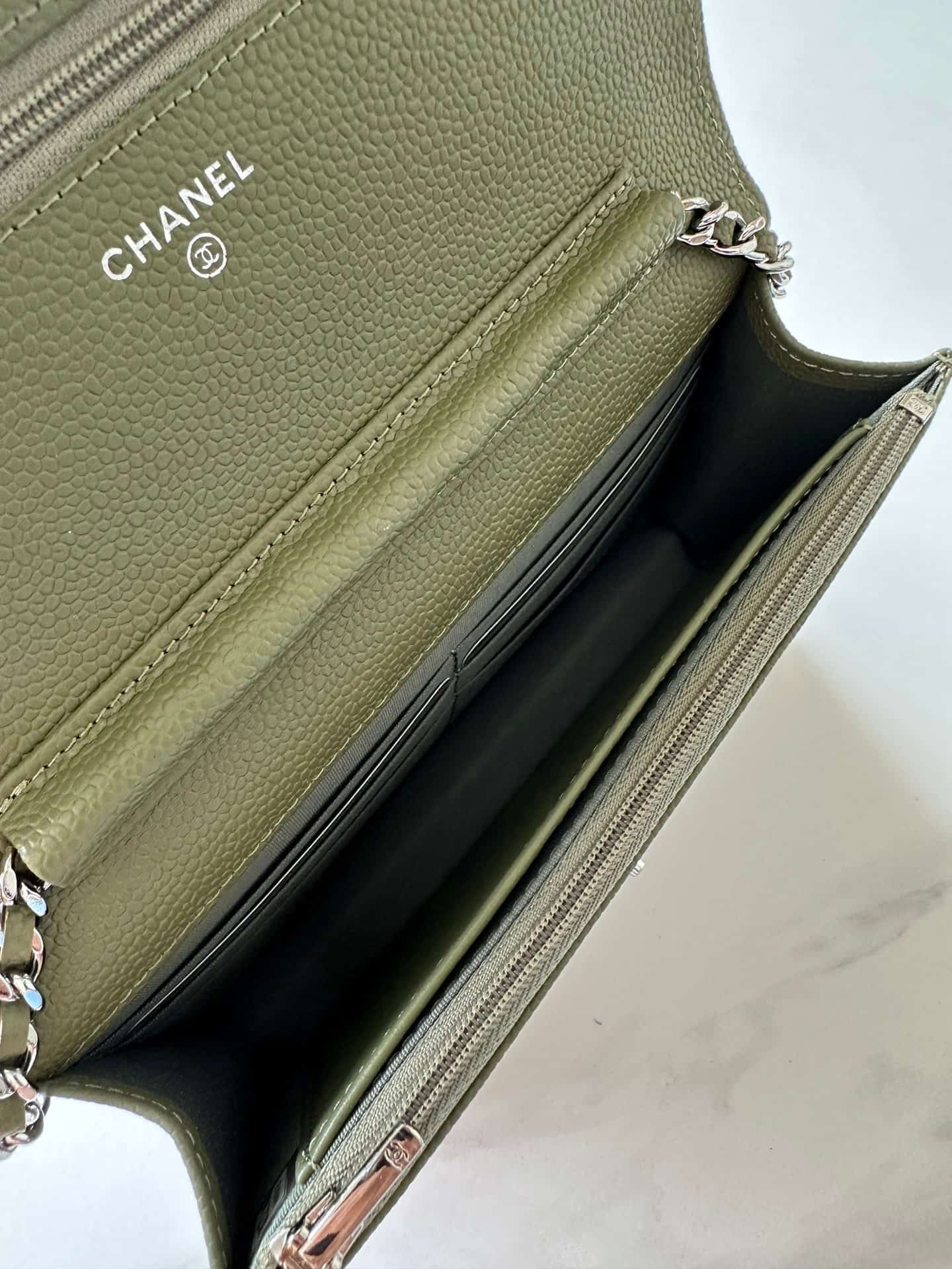 Chanel Classic Wallet on Chain Grained Shiny Calfskin & Silver-Tone Metal AP4241 Dark Green High