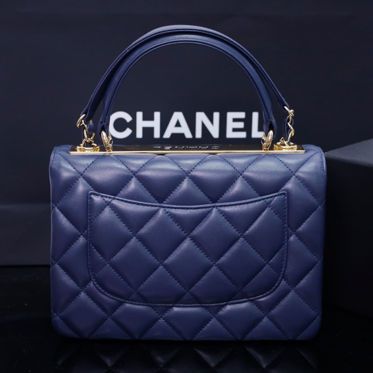 SMALL FLAP BAG WITH TOP HANDLE Lambskin Gold Metal Dark Blue A