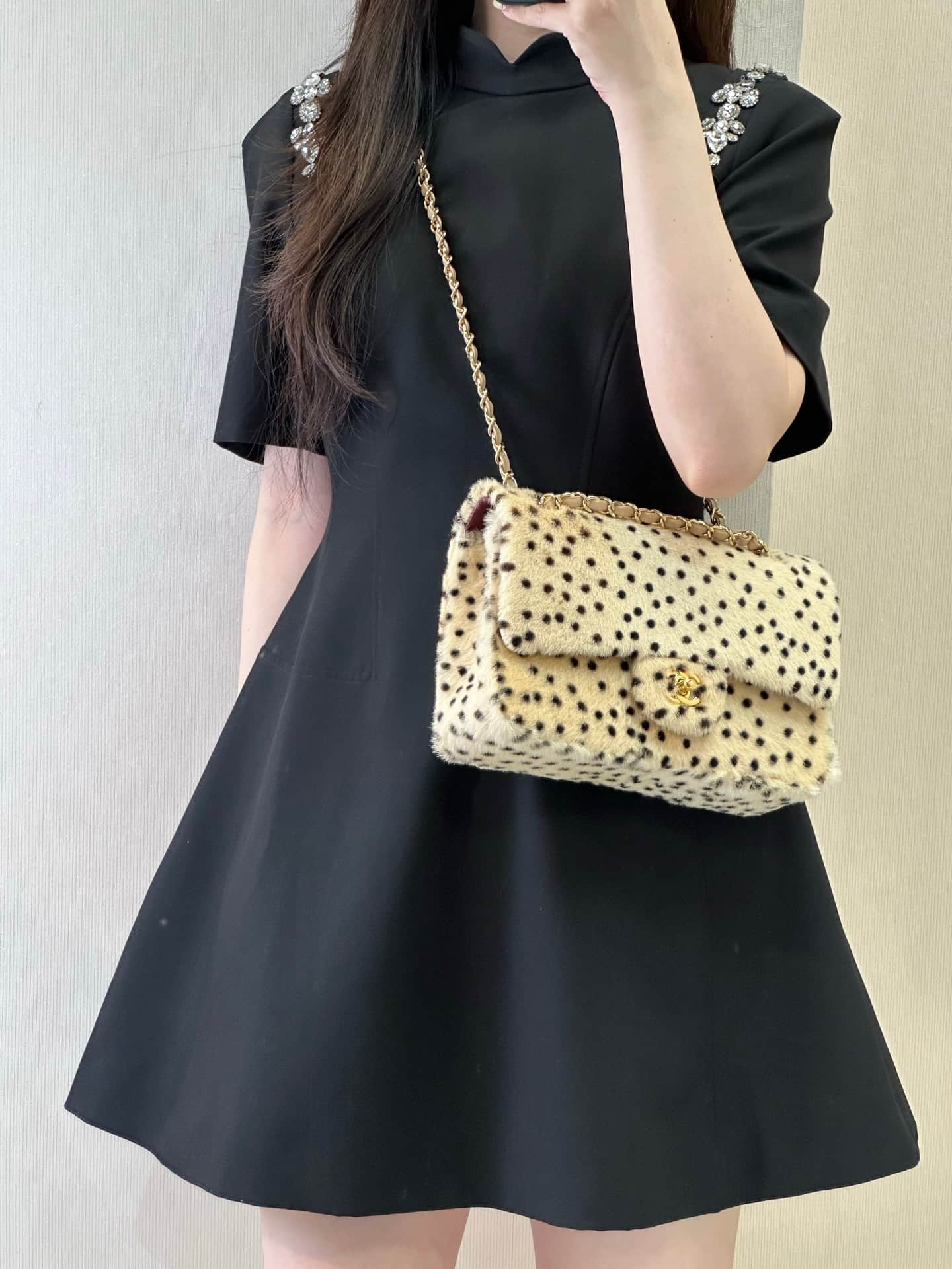 Chanel Flap Bag Dotted Leopard Pony Hair & Gold-Tone Metal Beige AS6513 TOP