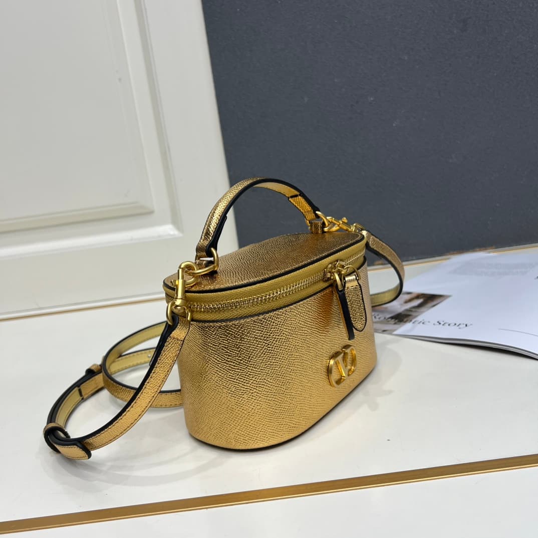 Valentino Garavani VLogo Signature Mini Vanity Bag in Gold Calfskin Mid