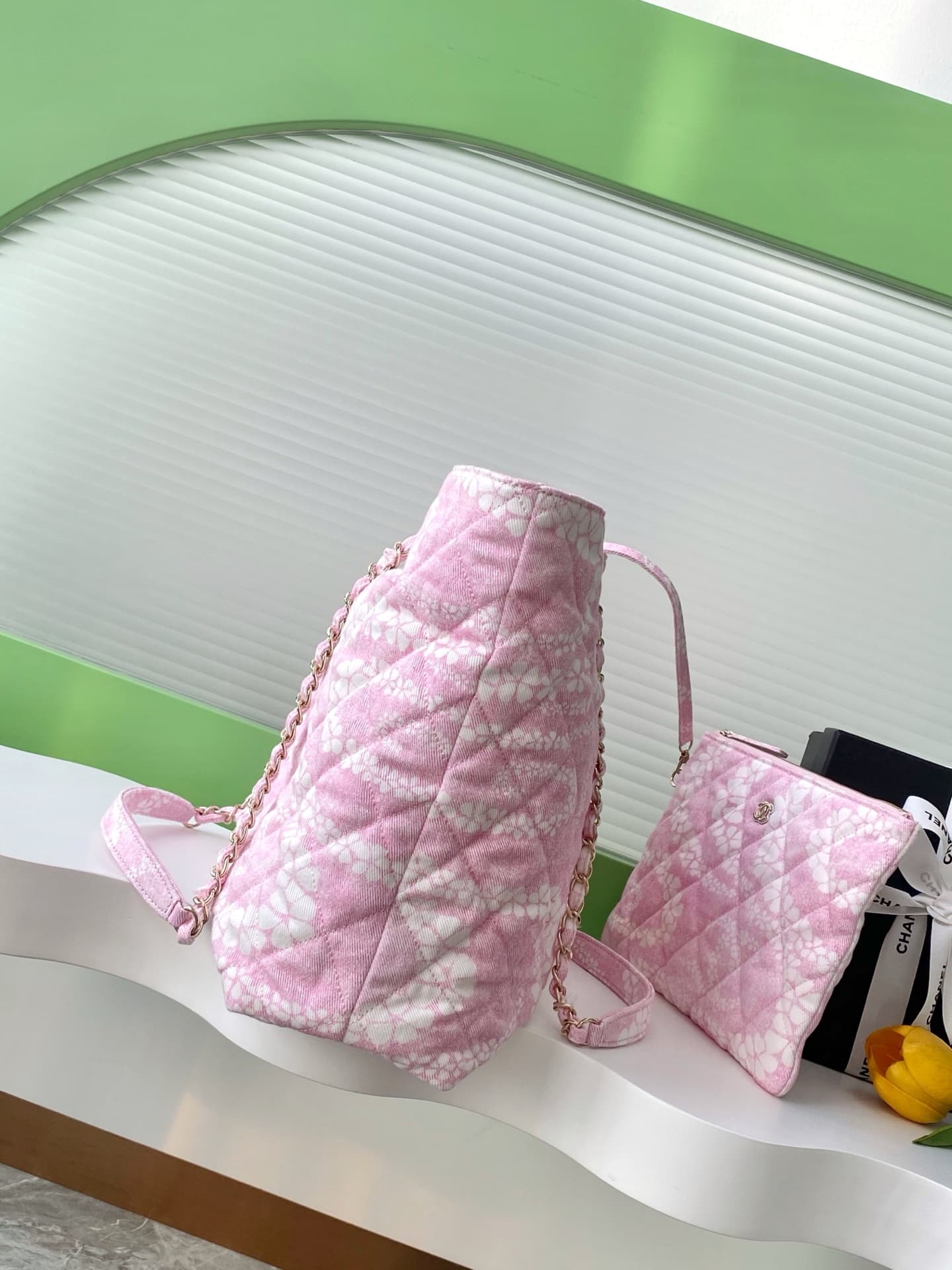 Chanel Beach Hobo Handbag Printed Cotton & Gold-Tone Metal AS5429 White and Pink A