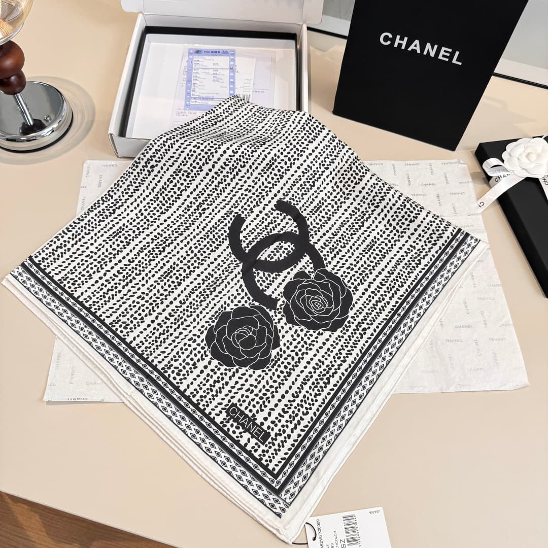Chanel Camellia Flower Print Silk Square Scarf