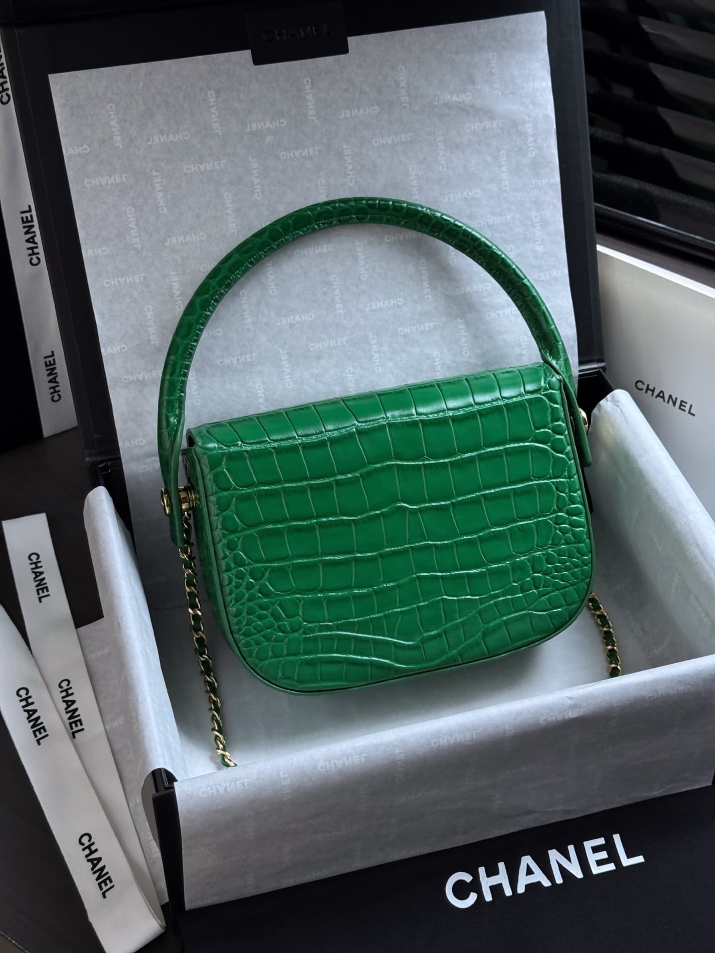 Chanel Mini Flap Bag with Top Handle Crocodile Embossed Calfskin & Gold-Tone Metal Green AS6424 A