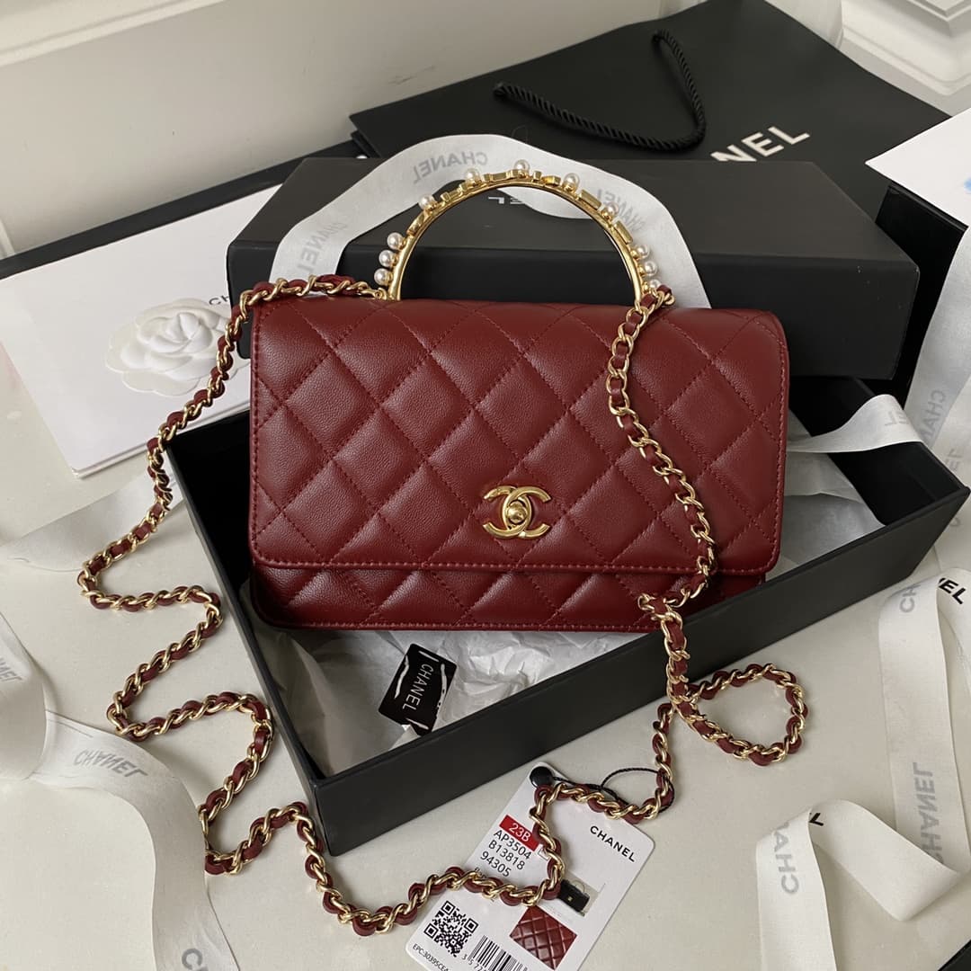 Chanel Wallet on Chain AP3504 Lambskin, Imitation Pearls, Strass & Gold-Tone Metal Burgundy A