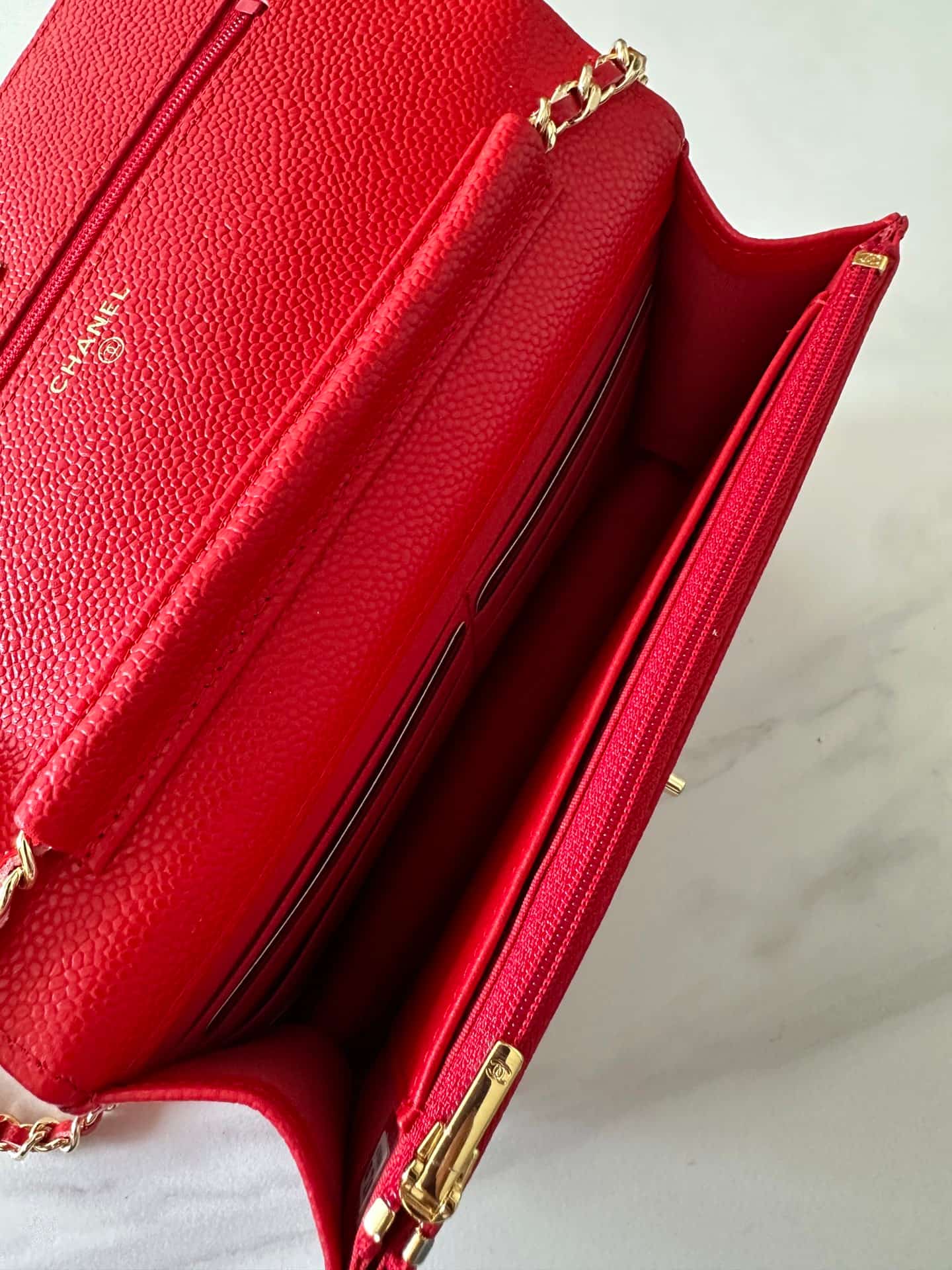 Chanel Classic Wallet on Chain Grained Shiny Calfskin & Gold-Tone Metal AP4241 Red High