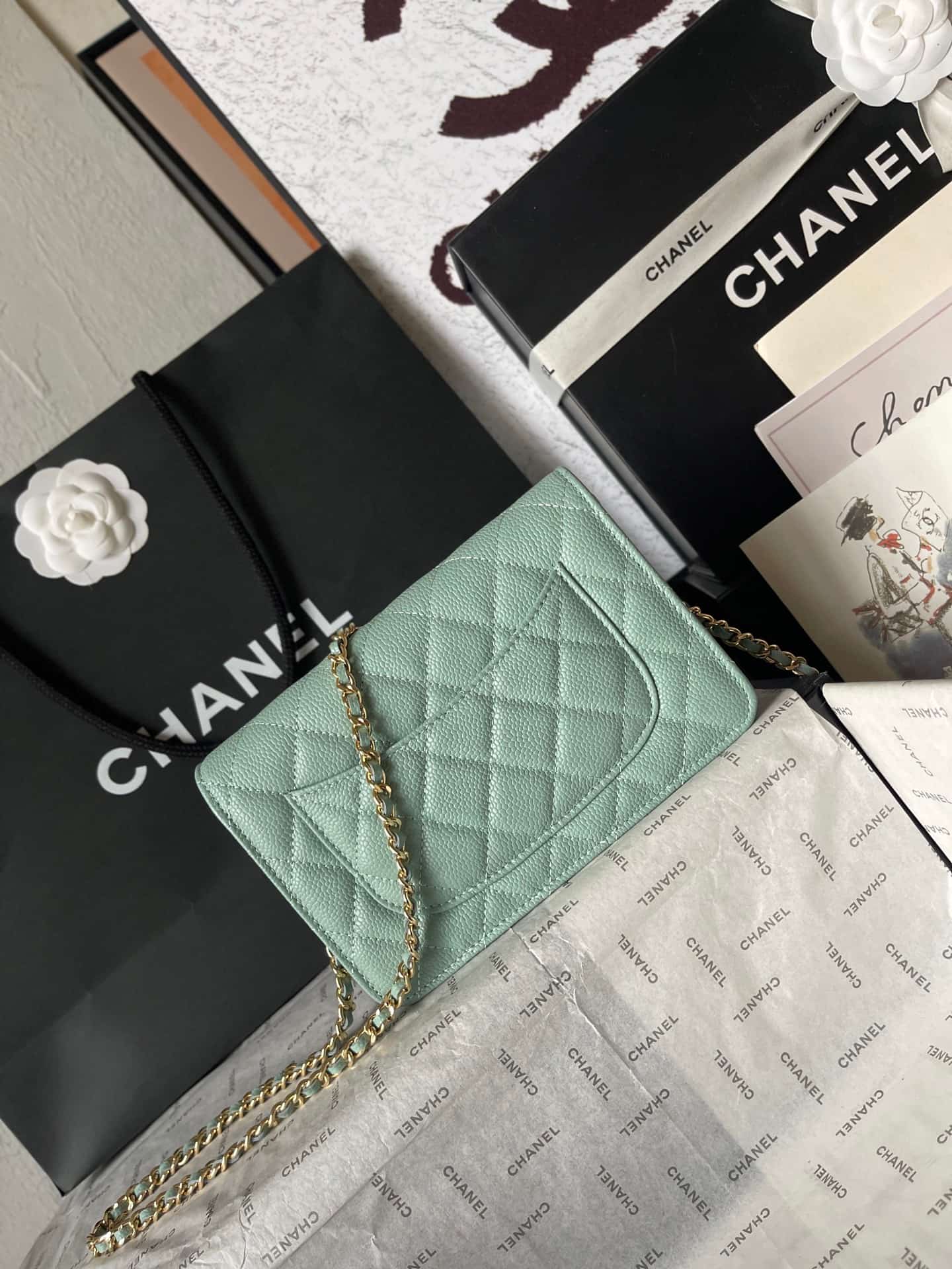 Chanel Classic Wallet on Chain Grained Shiny Calfskin & Gold-Tone Metal AP4241 Light Green A