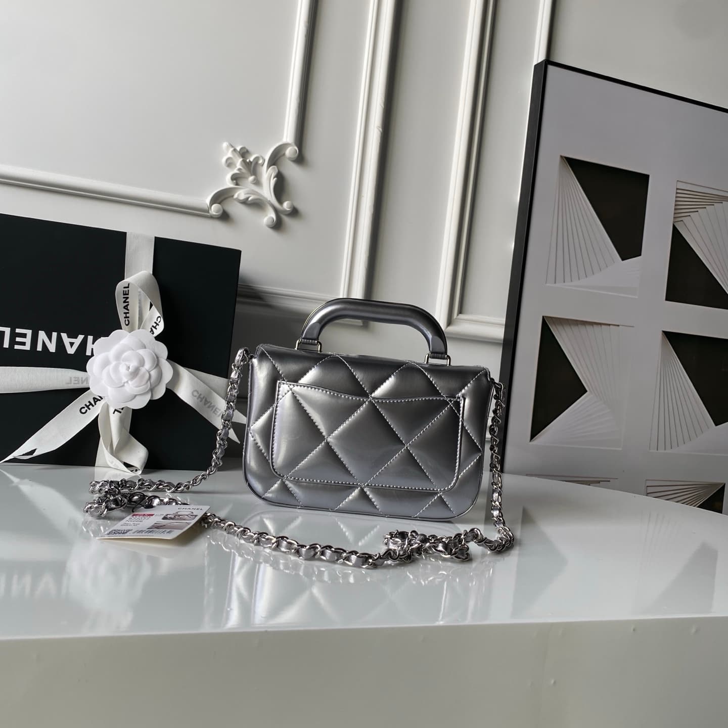 Chanel Mini Flap Bag with Top Handle Calfskin& Silver-tone Metal Silver AS5805 A