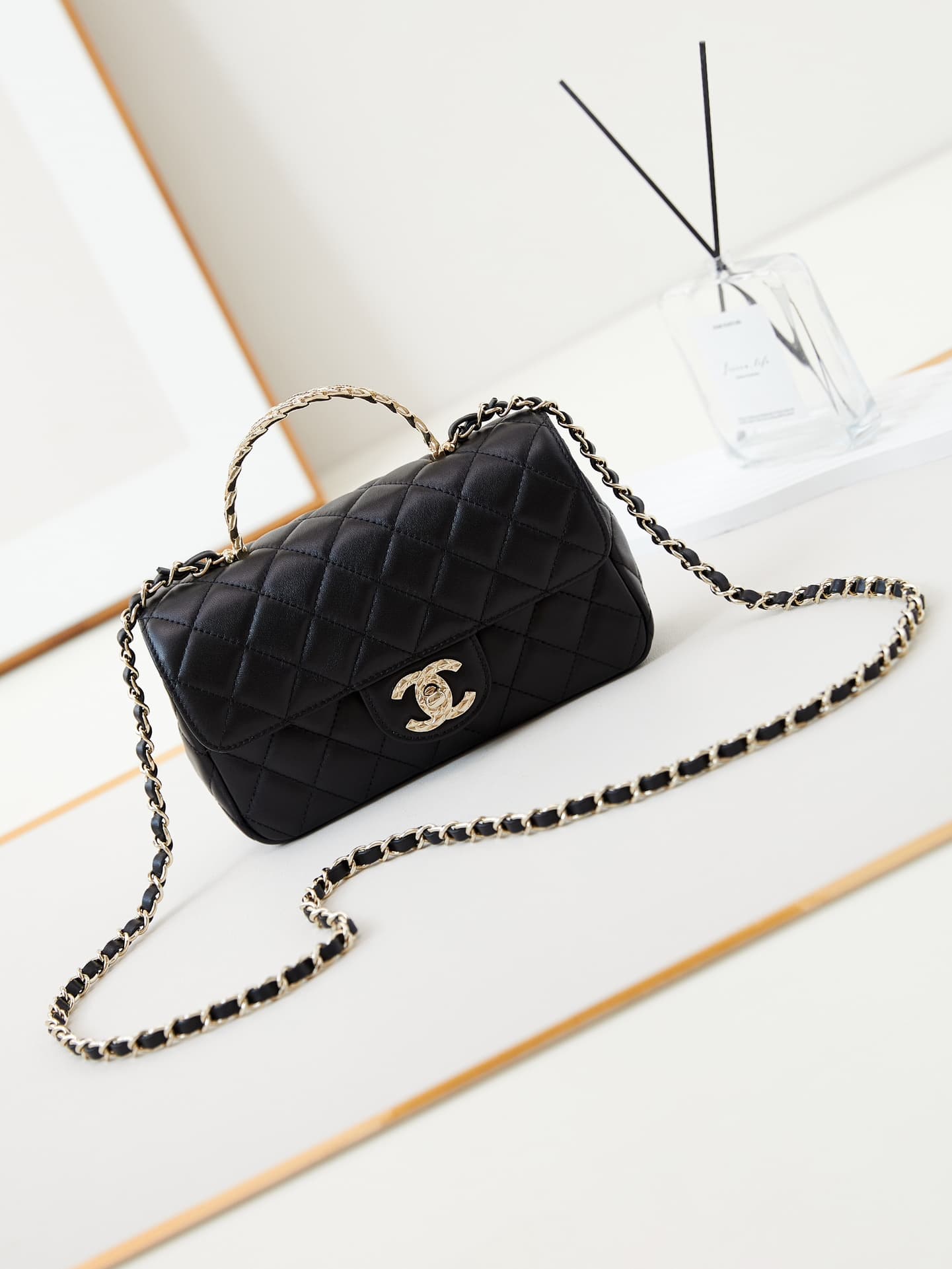 Chanel Mini Flap Bag with Top Handle Lambskin& Gold-Tone Metal Black AS4924 A