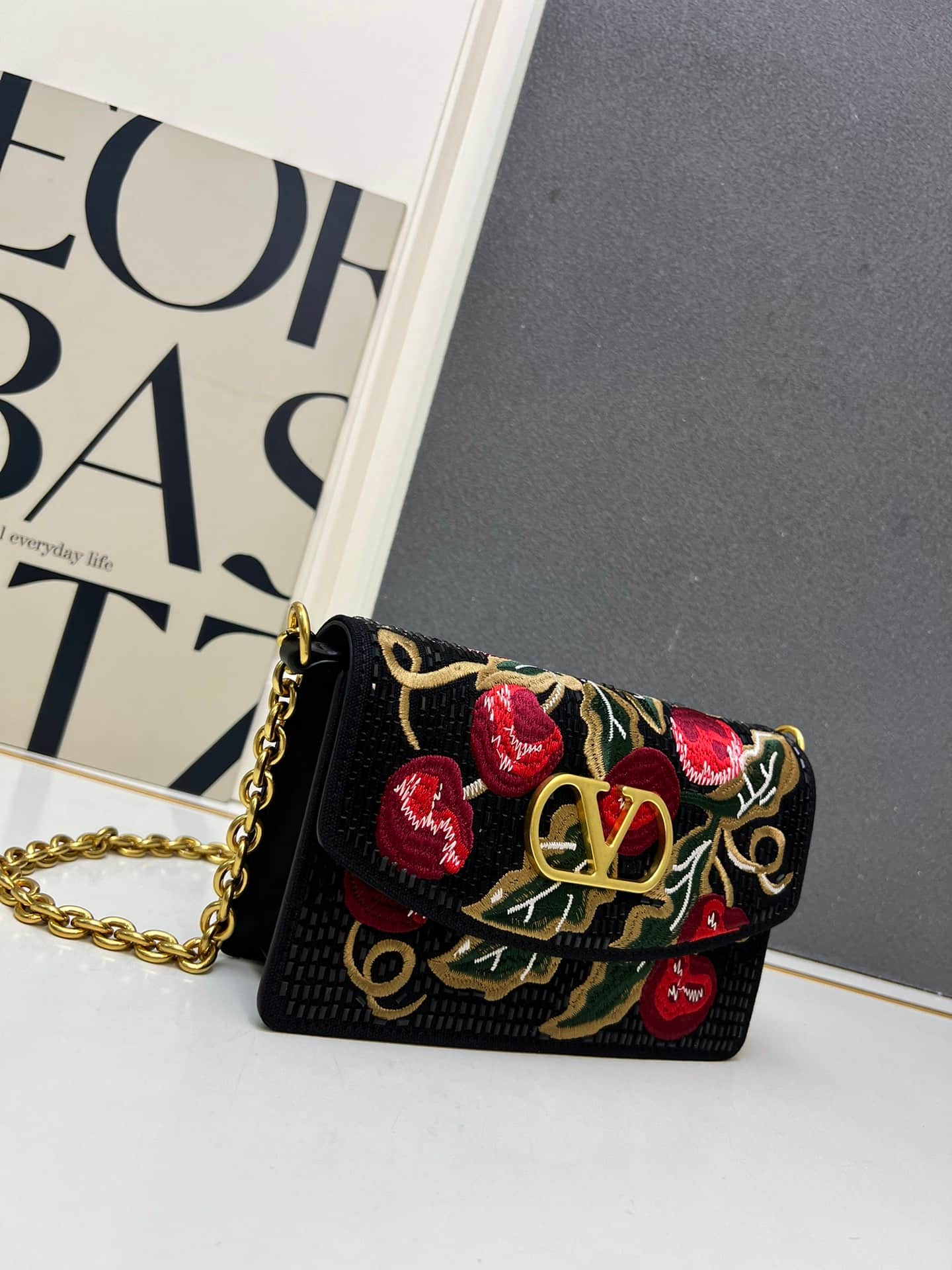 Valentino Garavani Vain Embroidered Shoulder Clutch With Cherryfic Pattern Mid