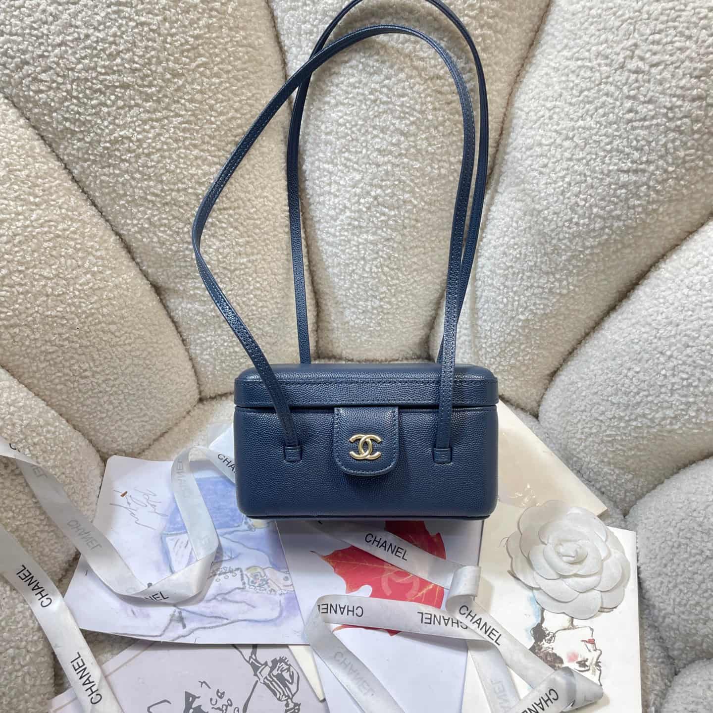 Chanel Long Vanity with Leather Strap Grained Shiny Calfskin & Gold-Tone Metal Navy Blue AP5067 A