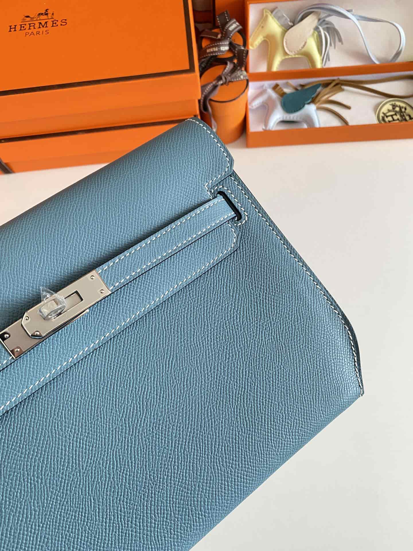 Hermes Kelly Depeches 25 Pouch Epsom Leather Denim Fonce WAX High