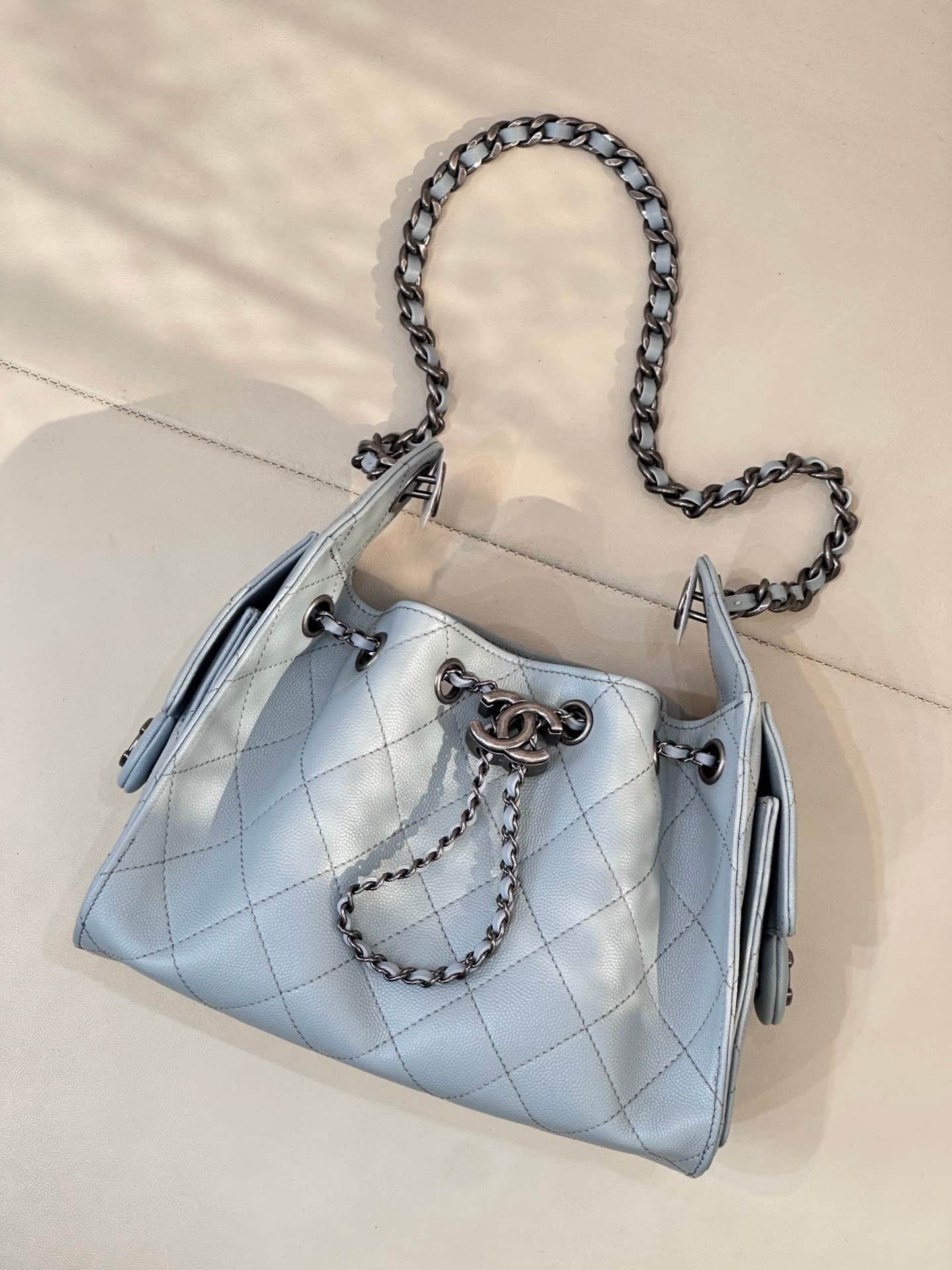 CHANEL 25 Mini Handbag AS5631 Grained Calfskin & Black & Silver-Tone Metal Light Blue TOP